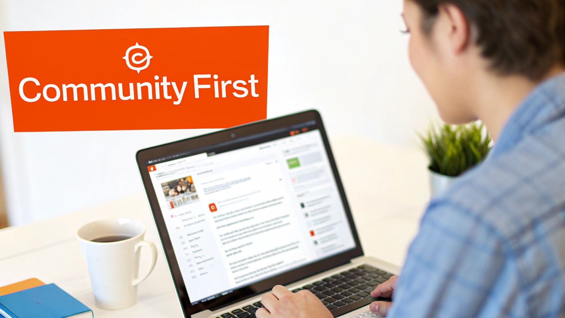 Person typing on a laptop displaying a social media platform, with a 'Community First' banner in the background.