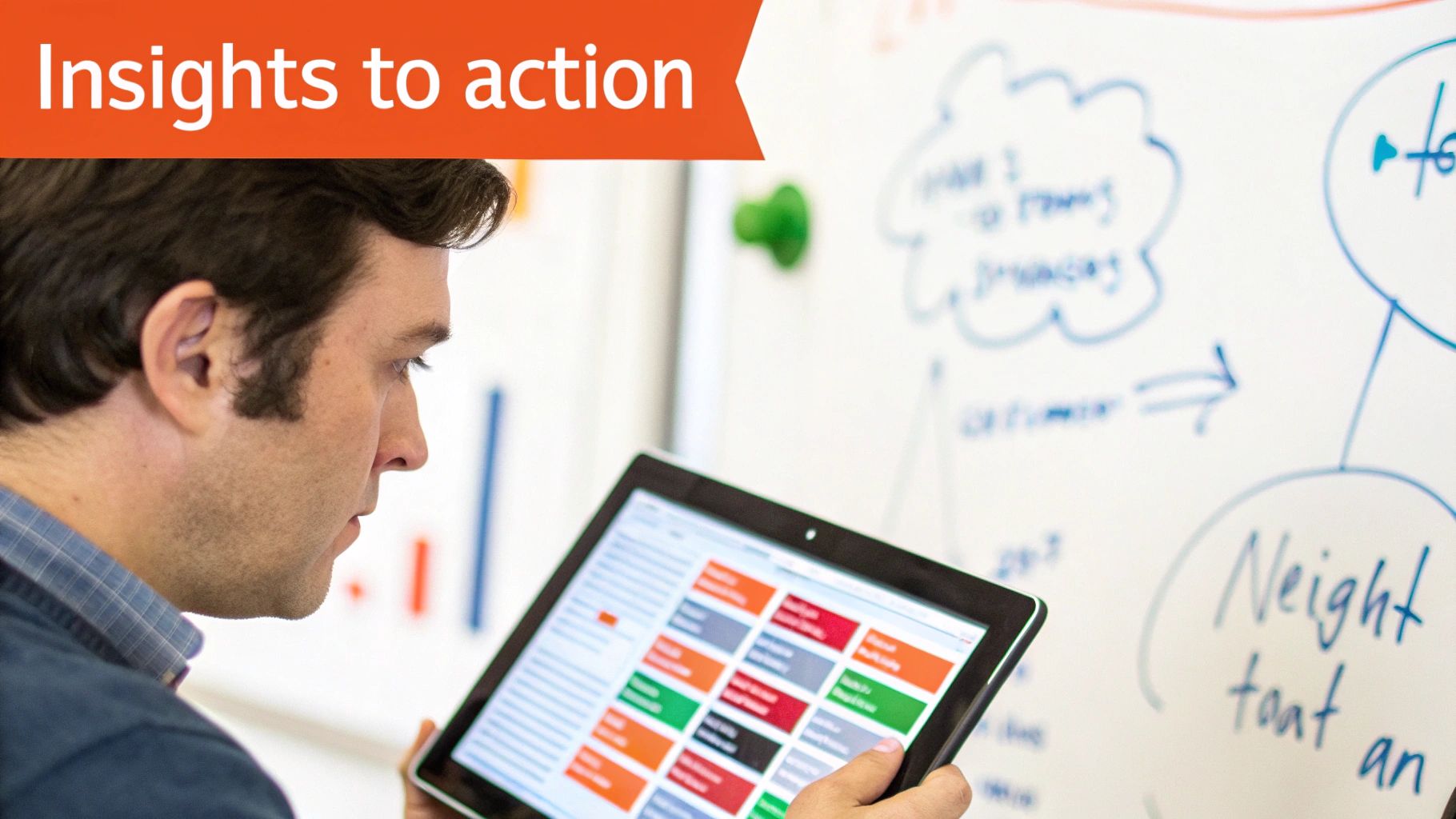 Man analyzing colorful data on a tablet with a whiteboard and 'Insights to action' banner in the background.
