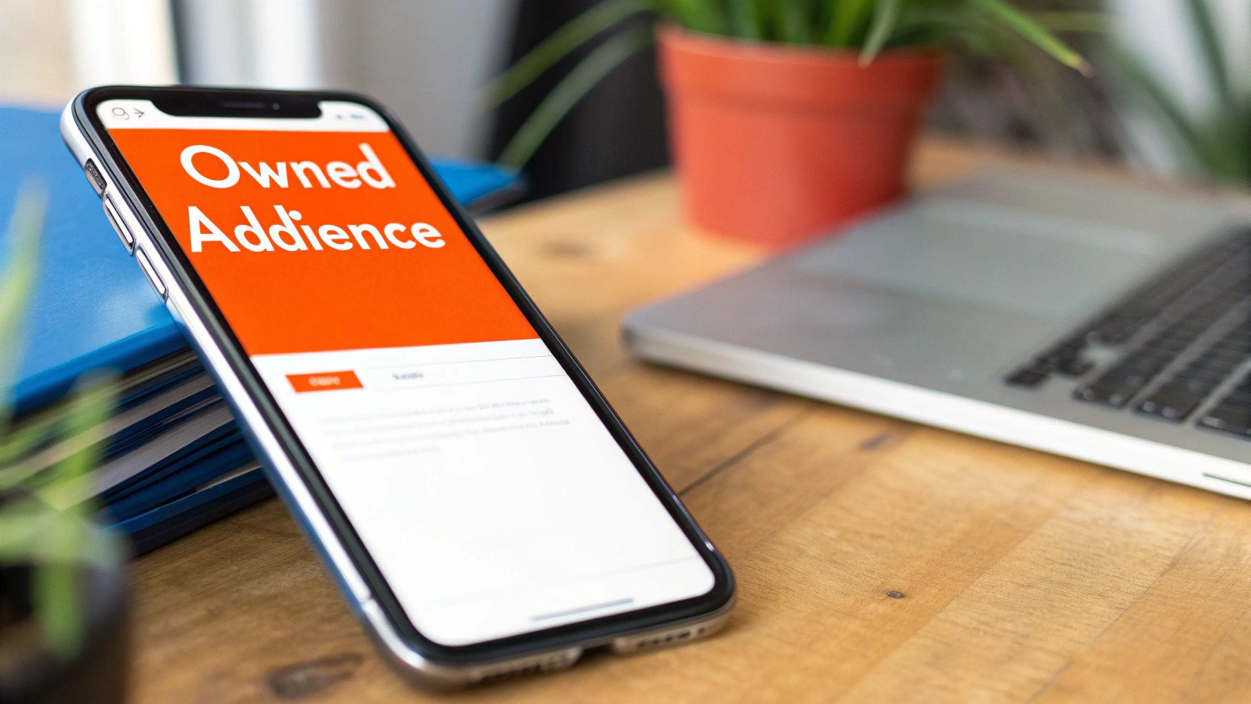 A smartphone displaying 'Owned Audience' on an orange screen, placed on a wooden desk with a laptop and plant.