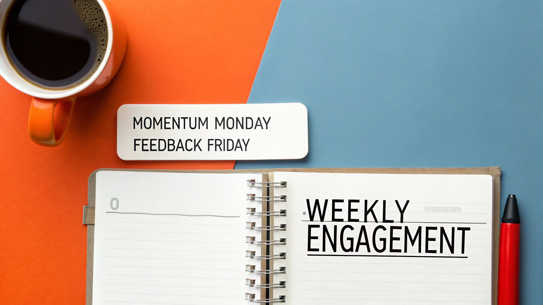 Overhead shot of coffee, a 'Momentum Monday Feedback Friday' note, and 'Weekly Engagement' in a notebook.