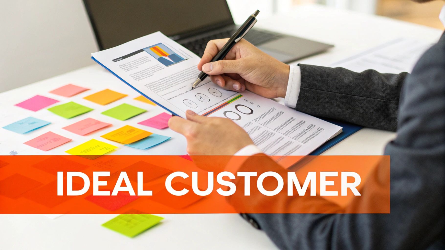 A person analyzing business documents with charts and colorful sticky notes, focusing on an ideal customer strategy.