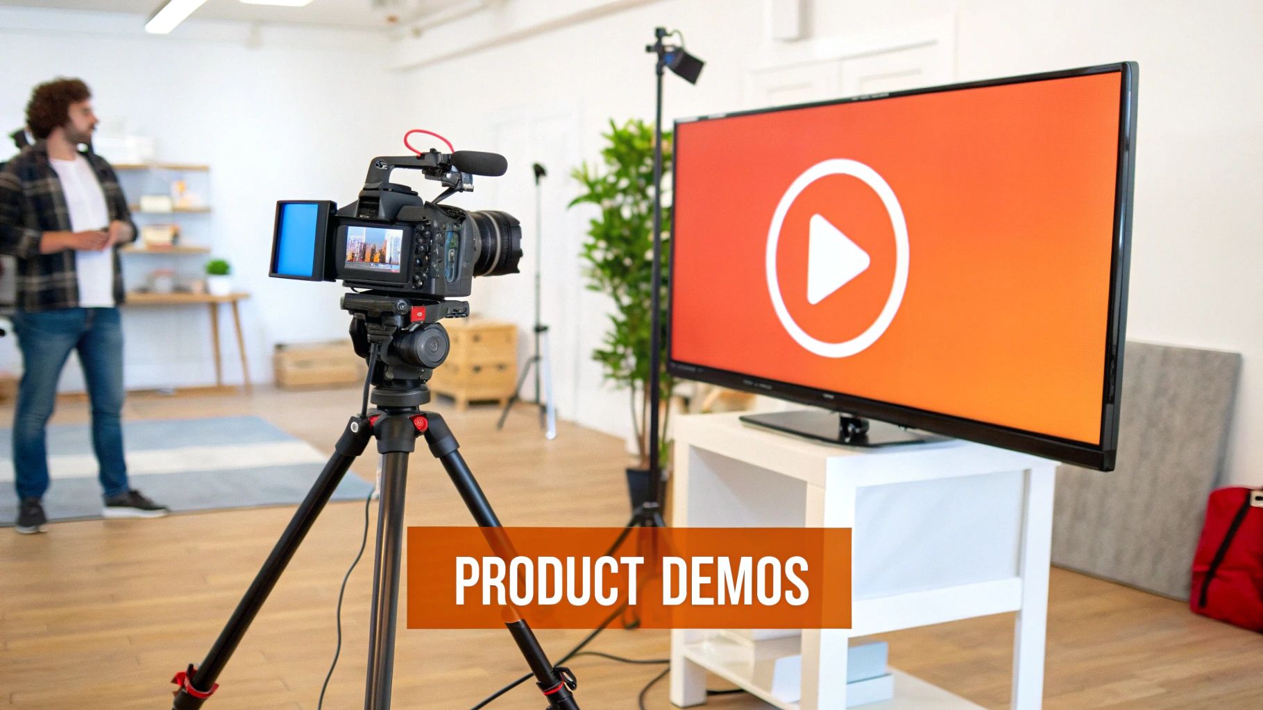 A man records a product demo video with a professional camera and a large screen displaying a play button.