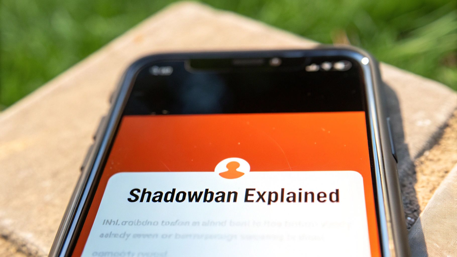 A person looking at a social media feed with a magnifying glass, symbolizing the search for a shadowban.