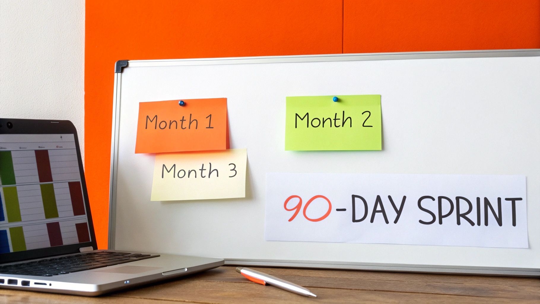 Project planning board with month sticky notes and '90-DAY SPRINT' next to a laptop.
