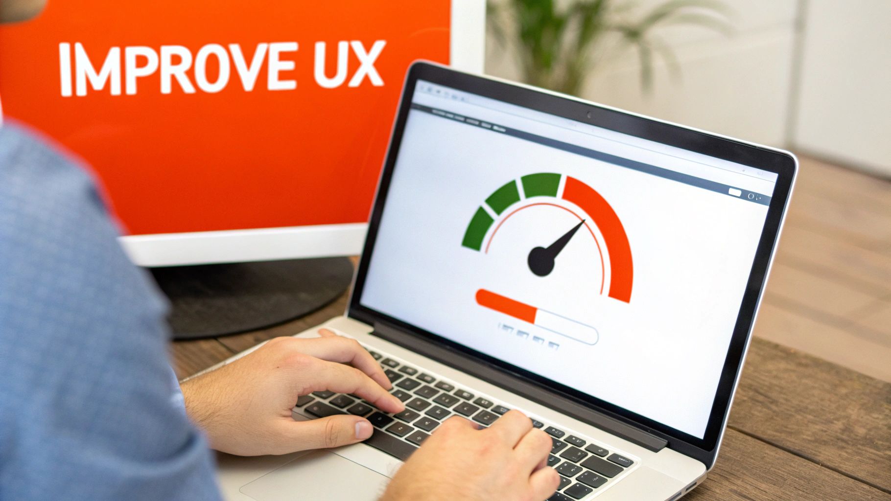 Person using a laptop displaying a slow performance gauge, next to a monitor with 'IMPROVE UX' text.