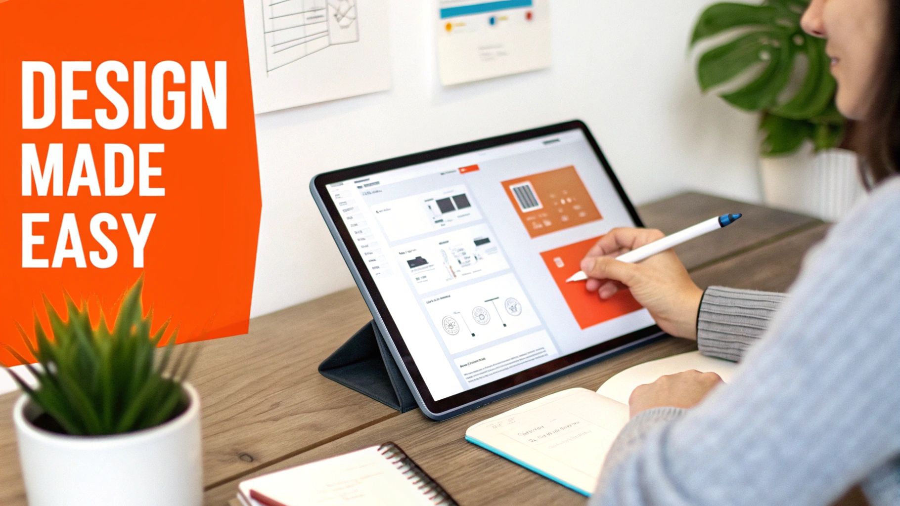 A person uses a stylus on a tablet displaying design software, with a 'DESIGN MADE EASY' banner.