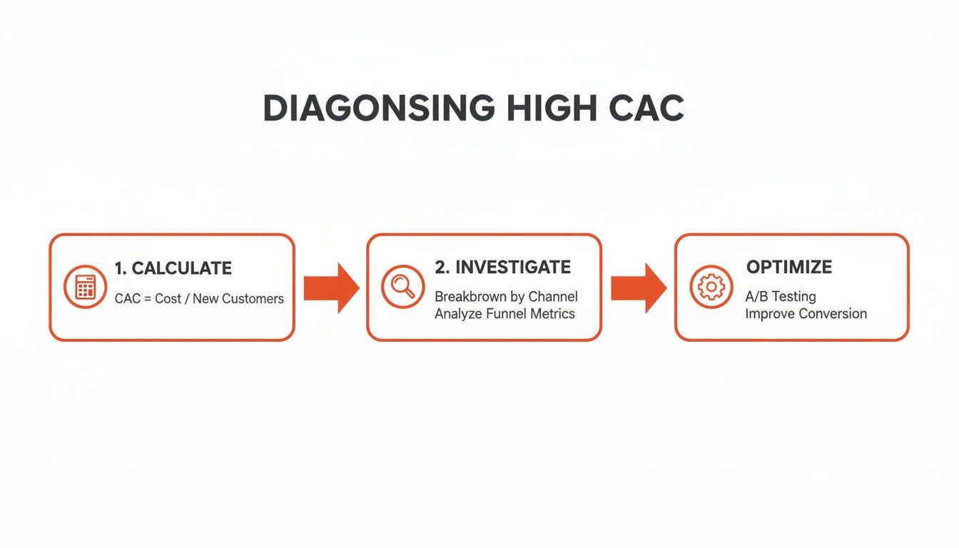 Flowchart illustrating a 3-step process to diagnose and optimize high customer acquisition cost (CAC).