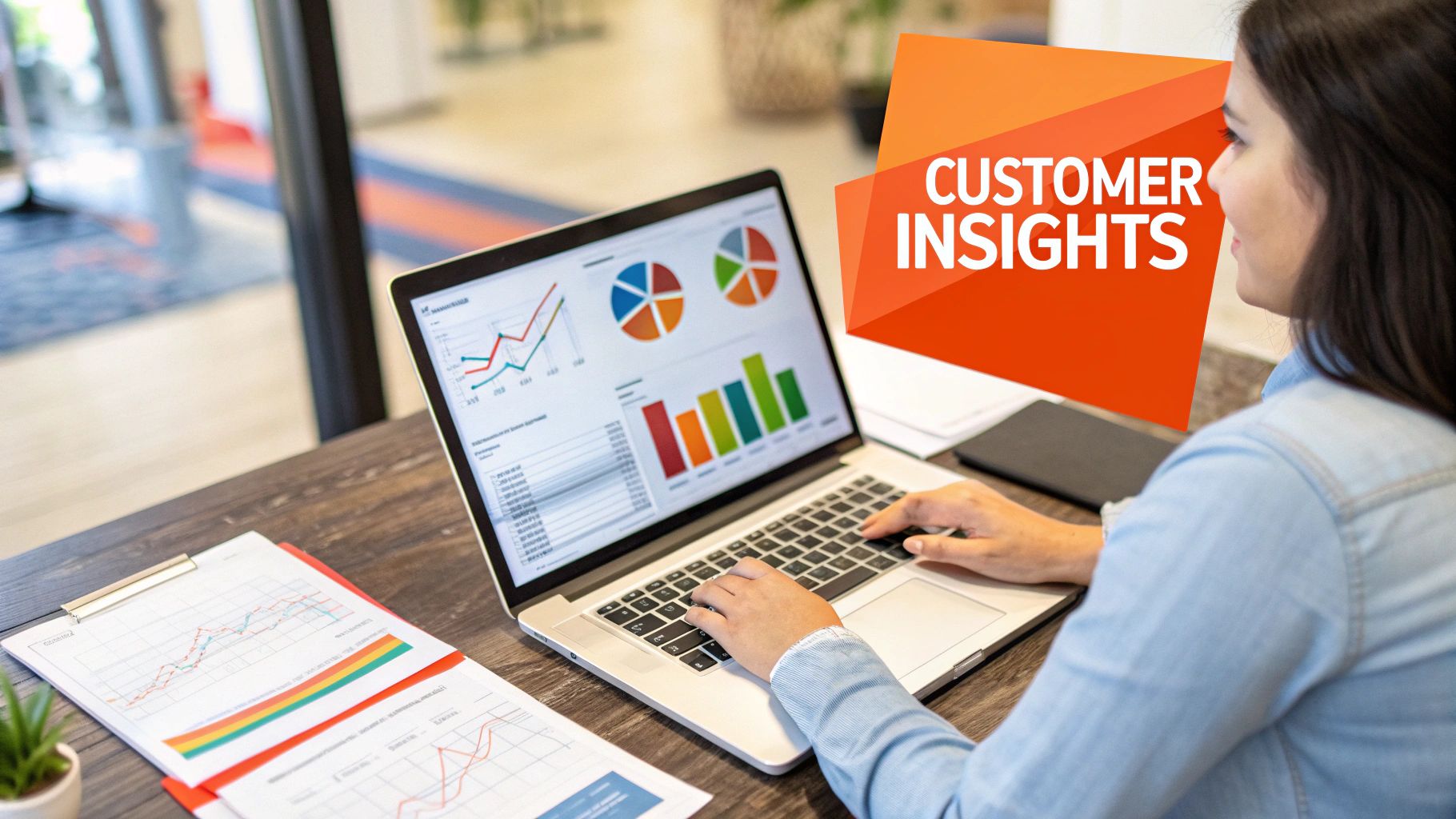 A team collaborating around a table covered in research notes and charts, illustrating market analysis.