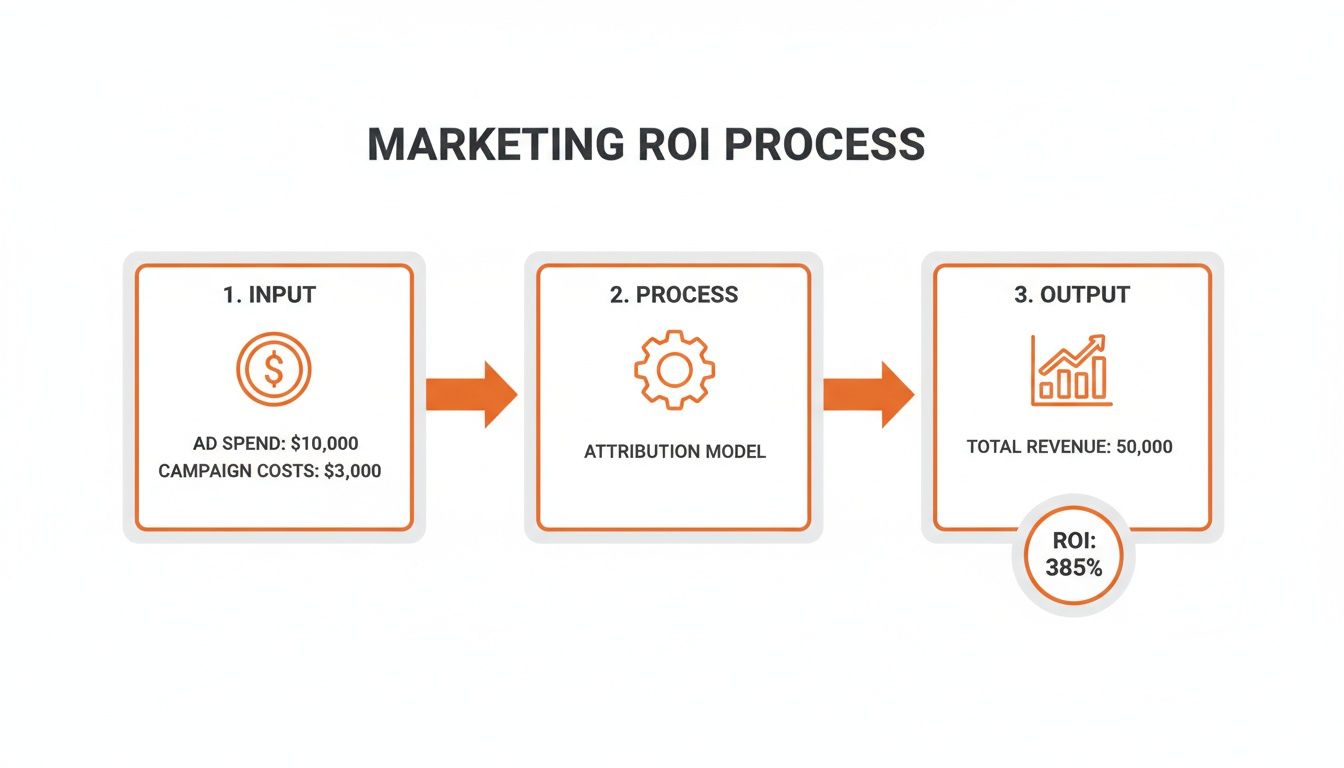 Diagram illustrating the marketing ROI process with inputs, attribution model, and outputs including calculated ROI.