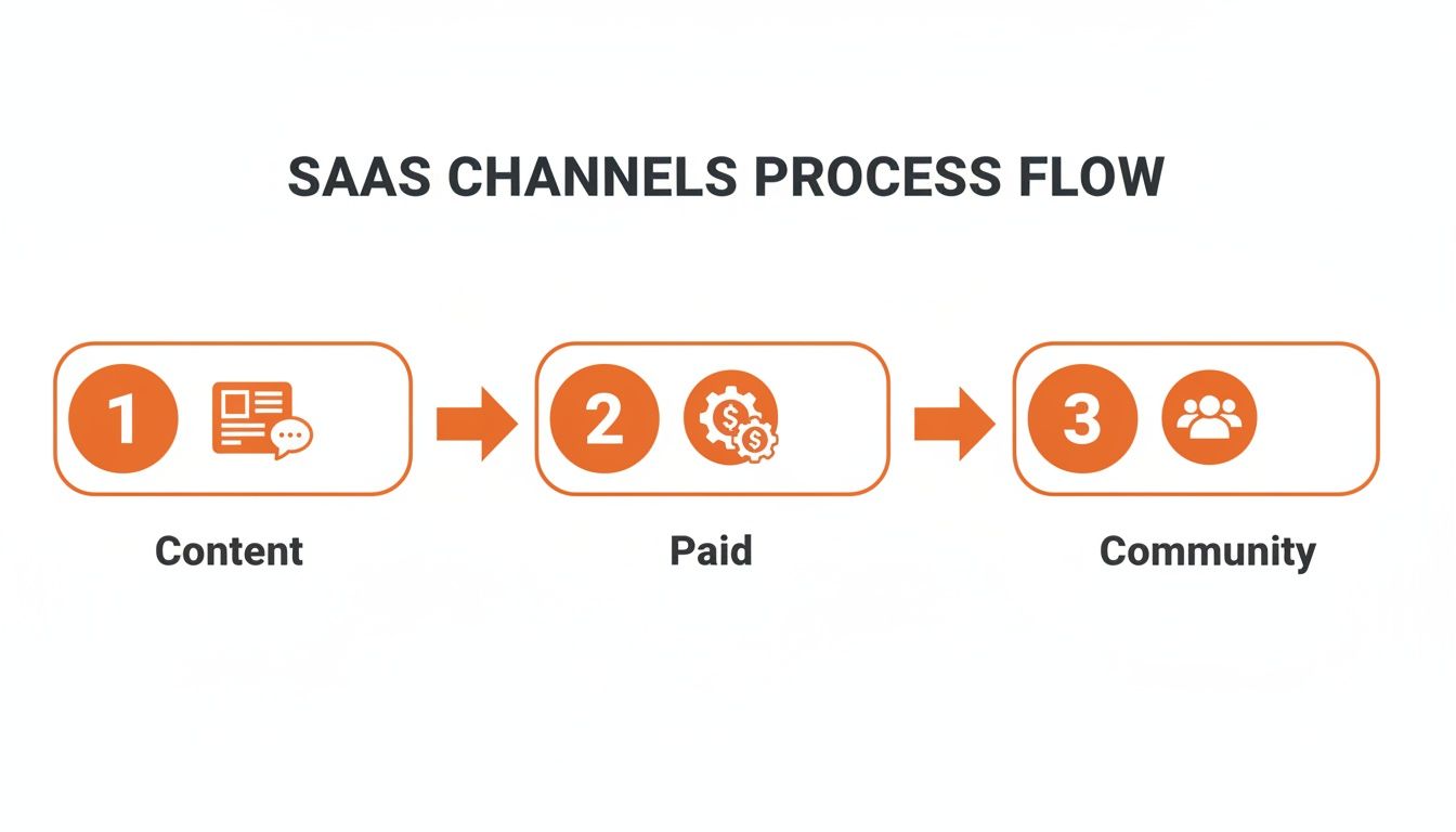 A SAAS Channels Process Flow diagram illustrating three key steps: Content, Paid, and Community, with directional arrows.