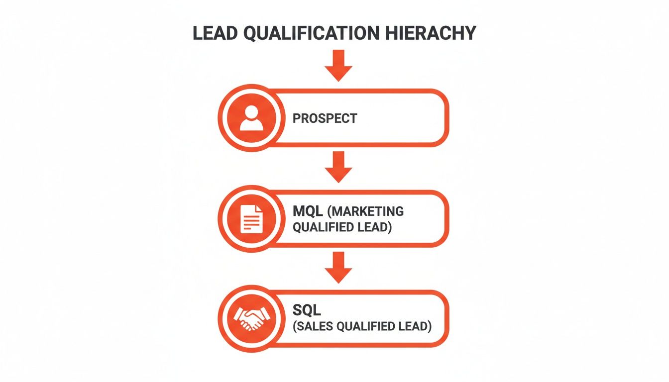 Flowchart illustrating the lead qualification hierarchy, from prospect to marketing qualified lead (MQL) and sales qualified lead (SQL).