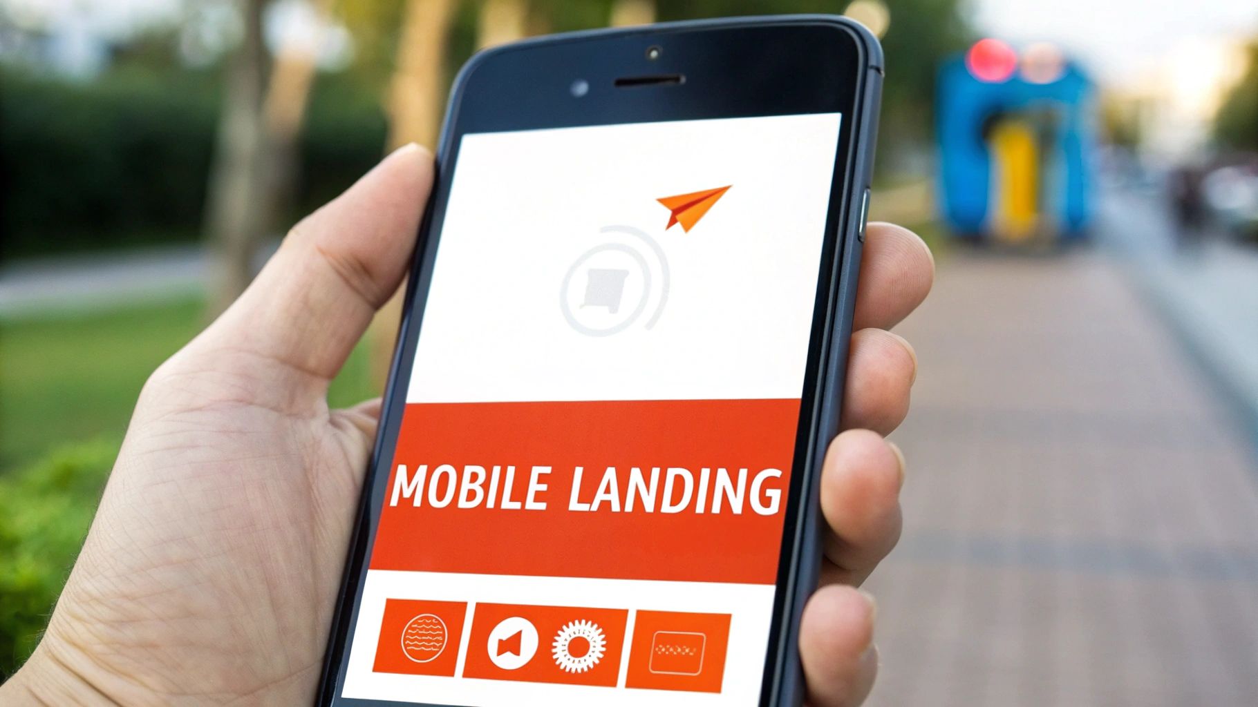 A hand holds a smartphone displaying a 'MOBILE LANDING' page with icons and a paper airplane.