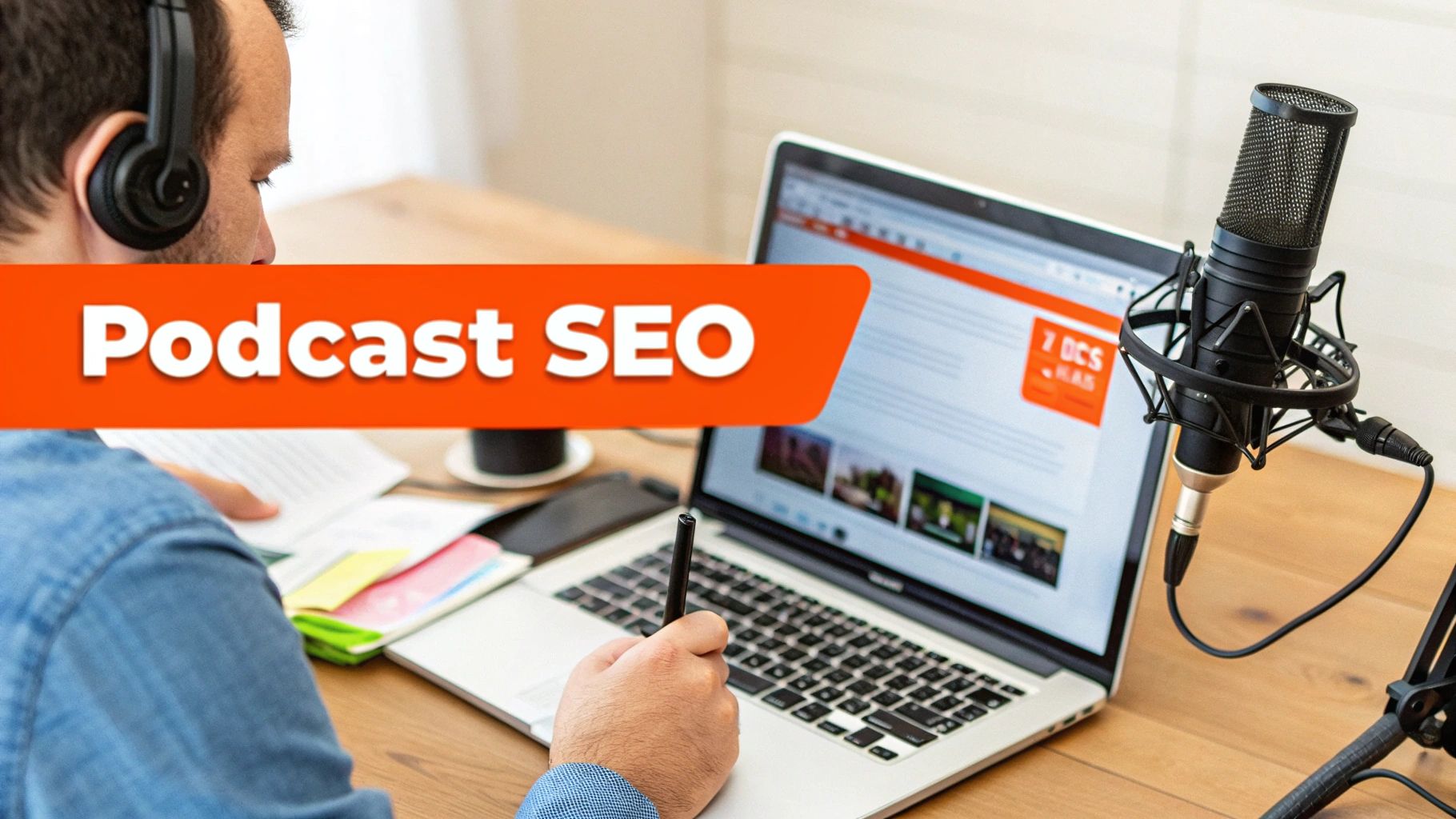A person with headphones creating a podcast at a desk with a laptop and microphone, with 'Podcast SEO' text overlay.