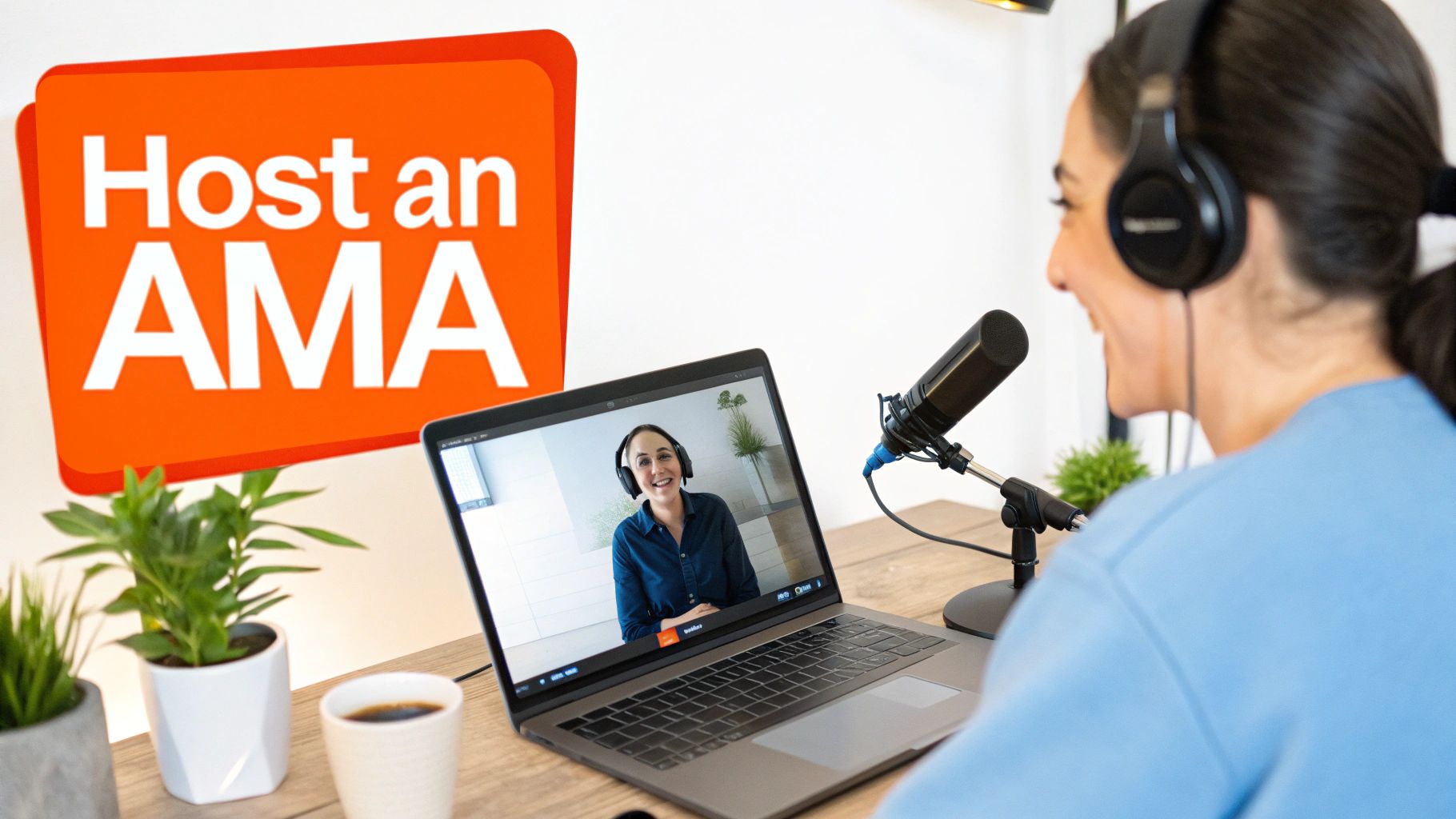 A person hosting an online AMA session with a laptop, microphone, and headphones, featuring a 'Host an AMA' sign.