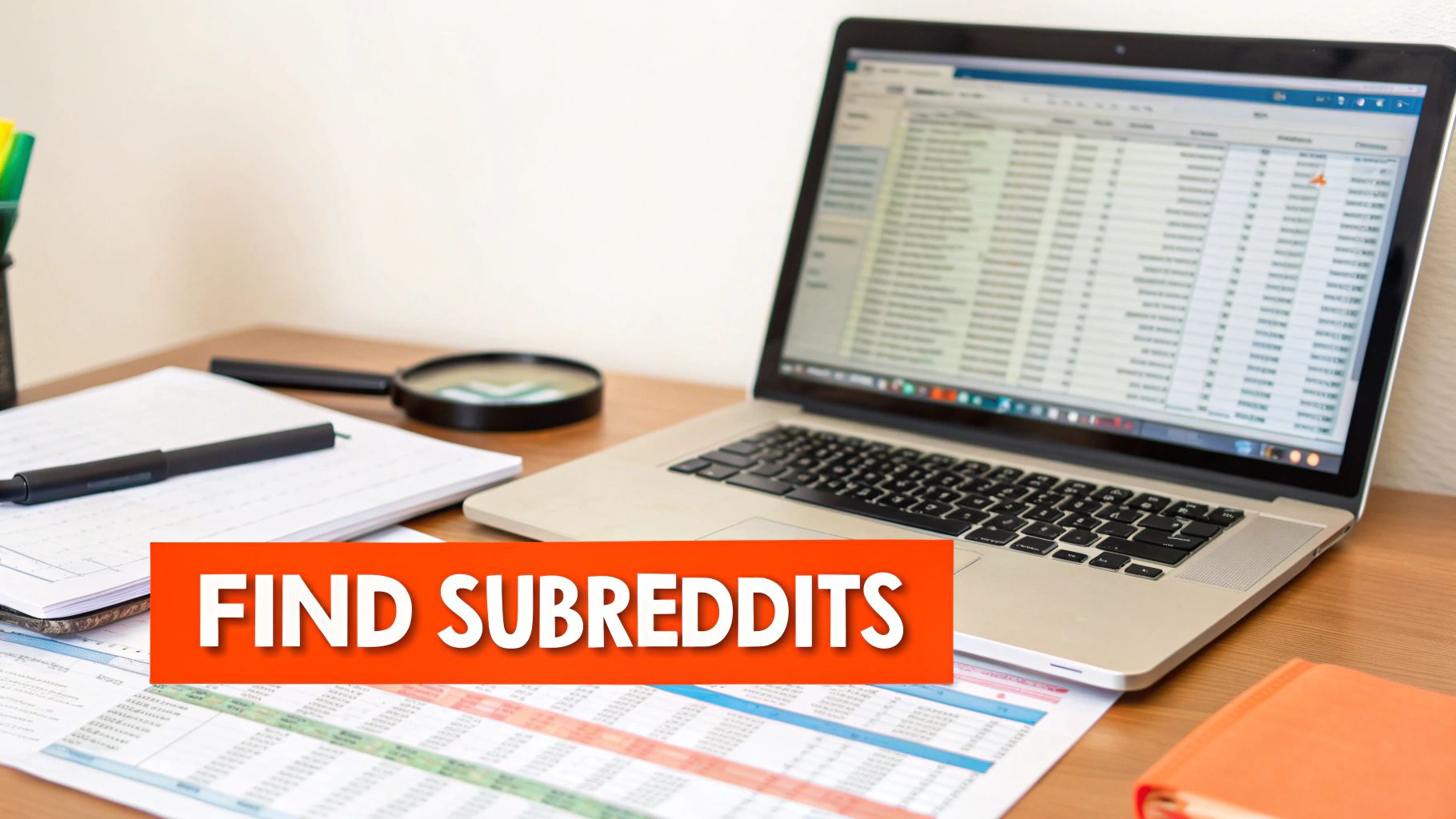 A desk with a laptop displaying data, a notebook, pen, and magnifying glass, with 'FIND SUBREDDITS' text.