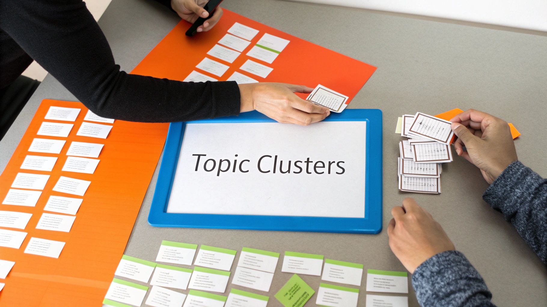 People's hands organizing small topic cards and notes around a 'Topic Clusters' sign on a table.