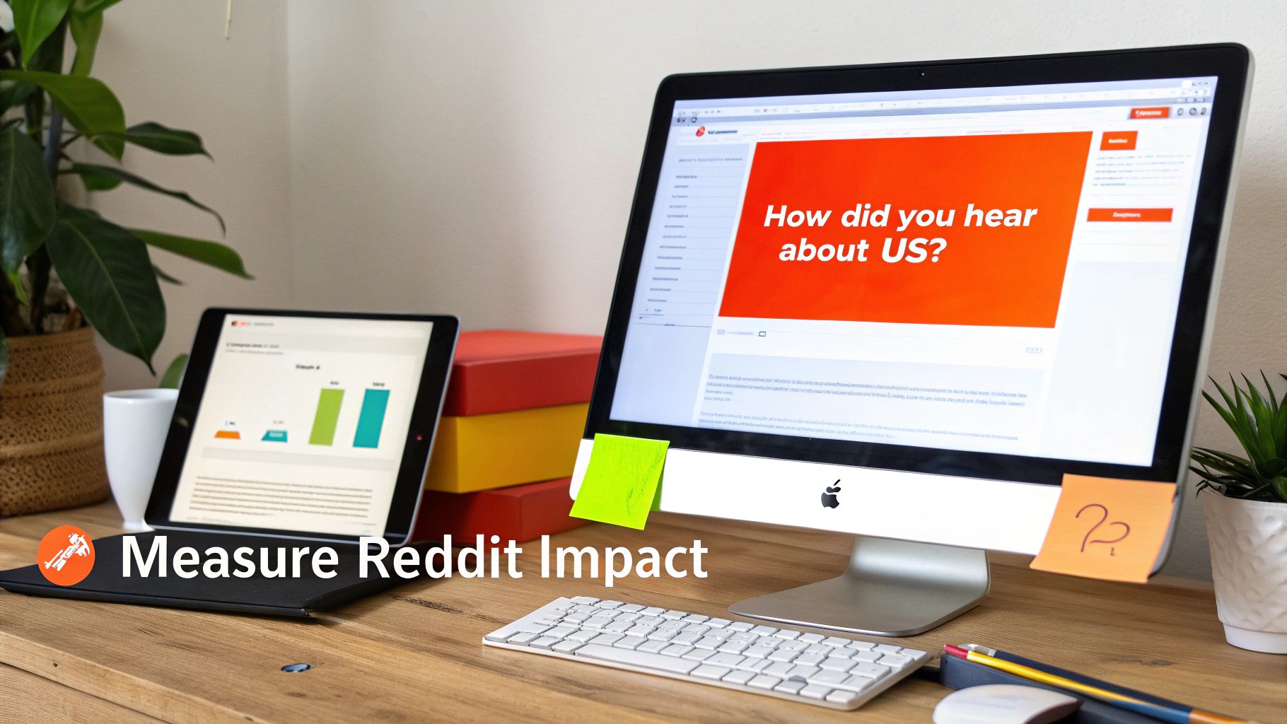 A modern desk with an Apple iMac showing a survey, an iPad with charts, and a 'Measure Reddit Impact' caption.