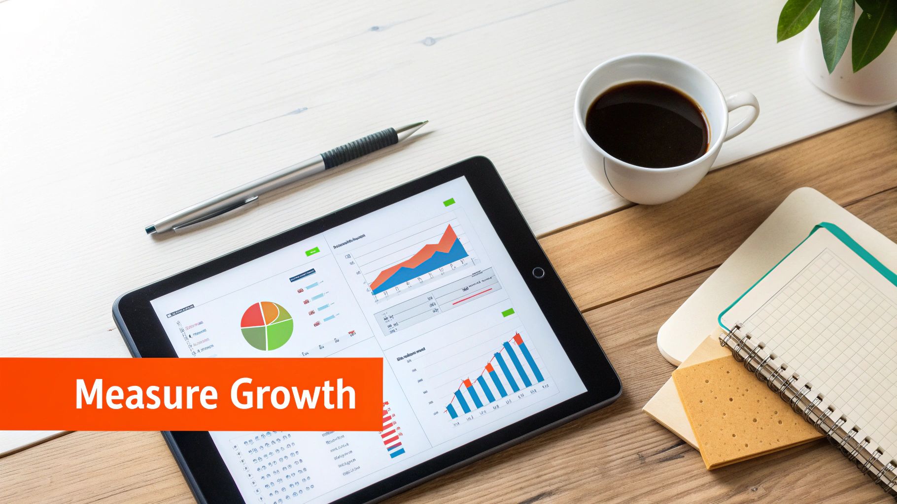 A tablet displaying financial growth charts and data analytics on a wooden desk, with a pen, coffee, and notebooks, illustrating business progress.
