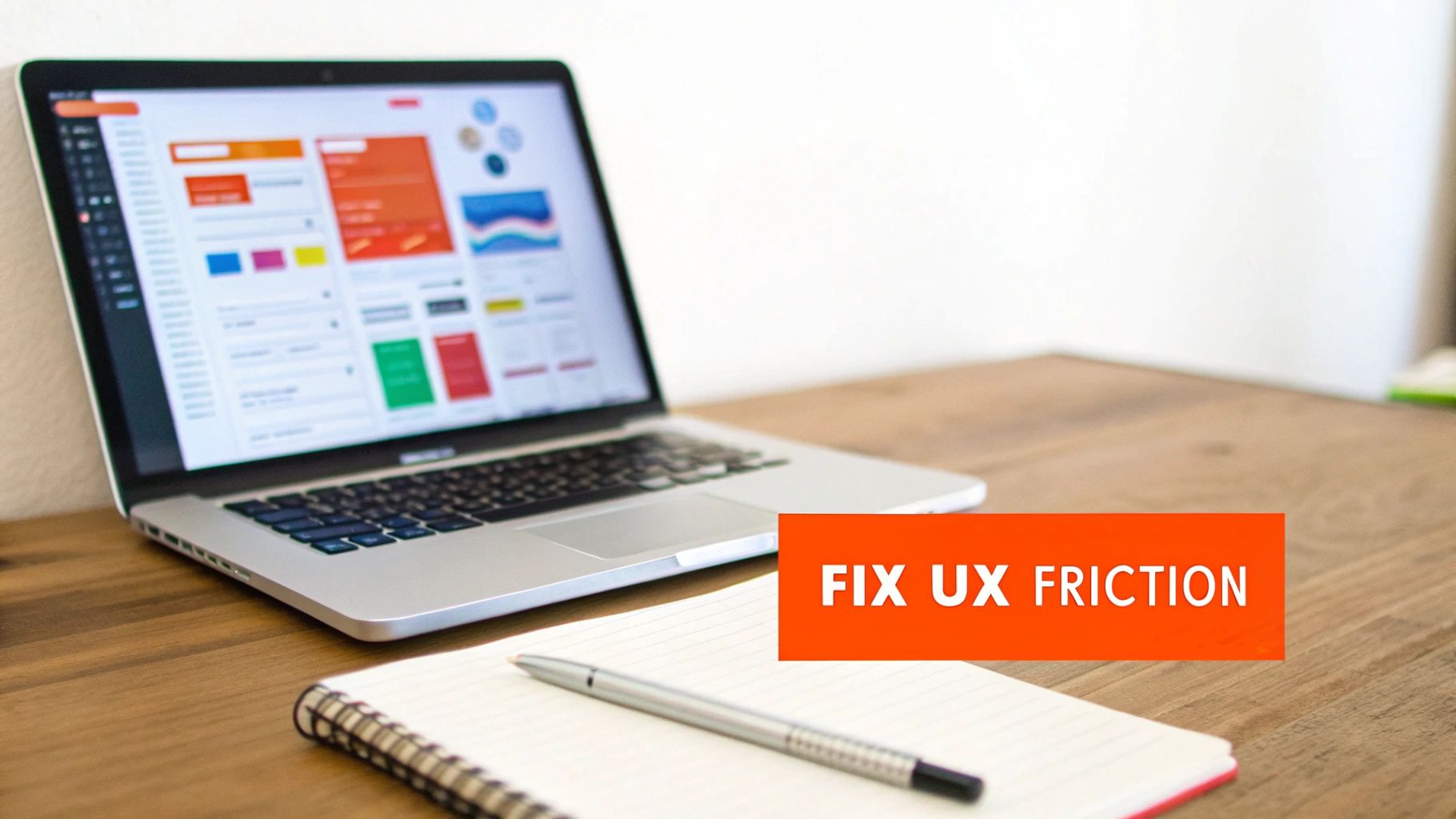 A laptop displaying data analysis, a notebook and pen, with 'FIX UX FRICTION' text on a desk.