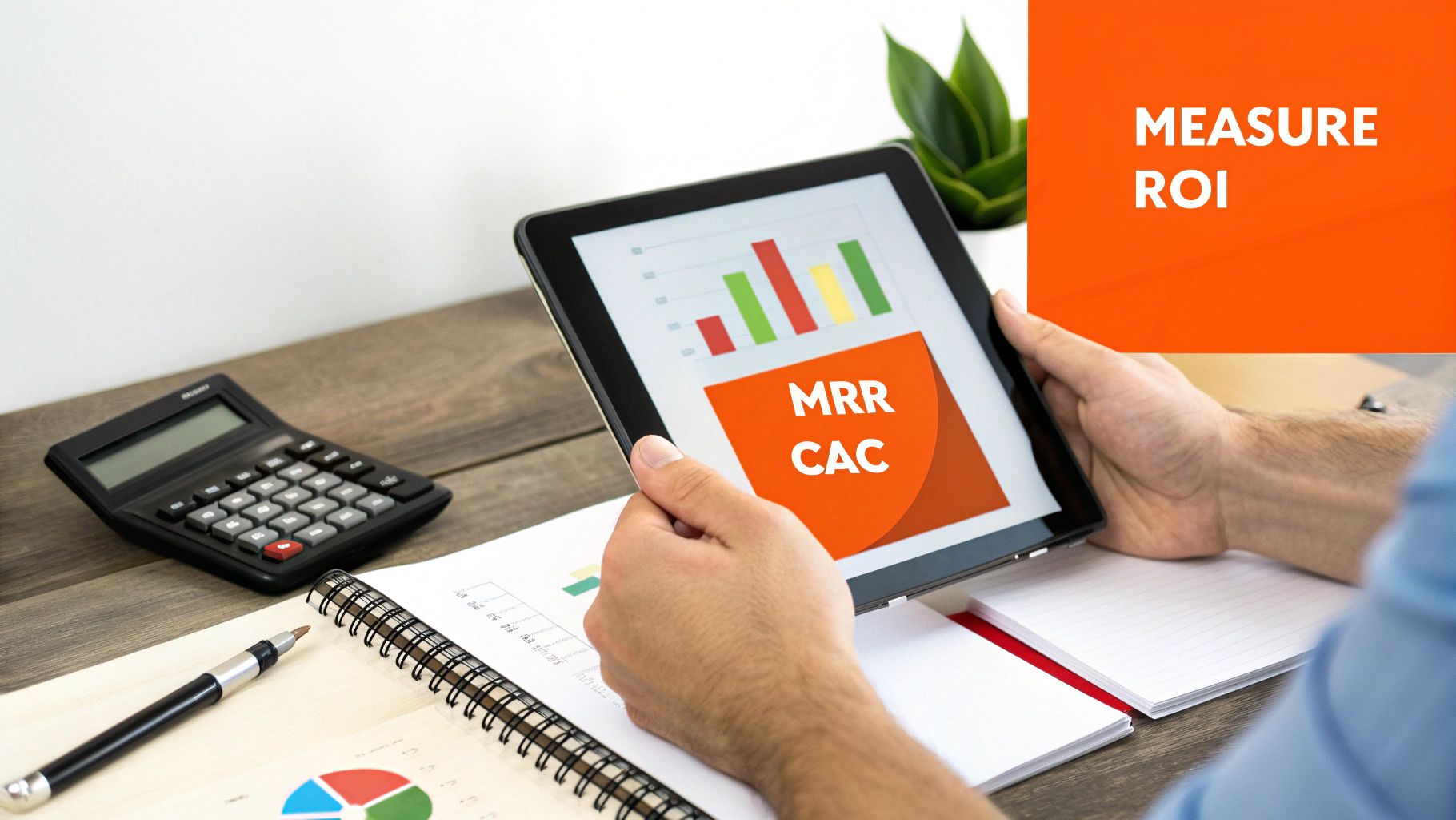 Person analyzing SaaS metrics like MRR and CAC on a tablet, with a calculator on a wooden desk.