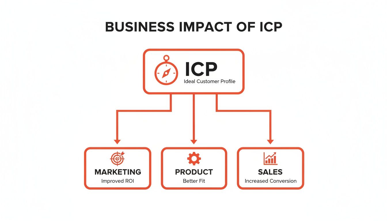 A diagram illustrating the business impact of Ideal Customer Profile (ICP) on marketing, product, and sales.
