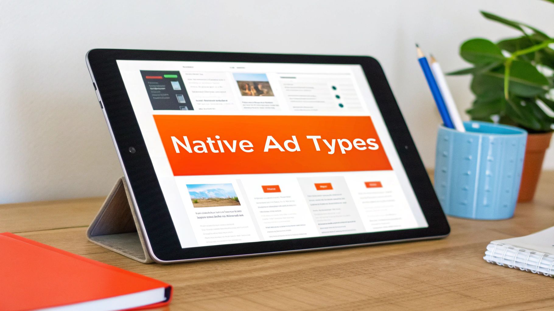 Tablet on a wooden desk showing "Native Ad Types" with a red book and office supplies.