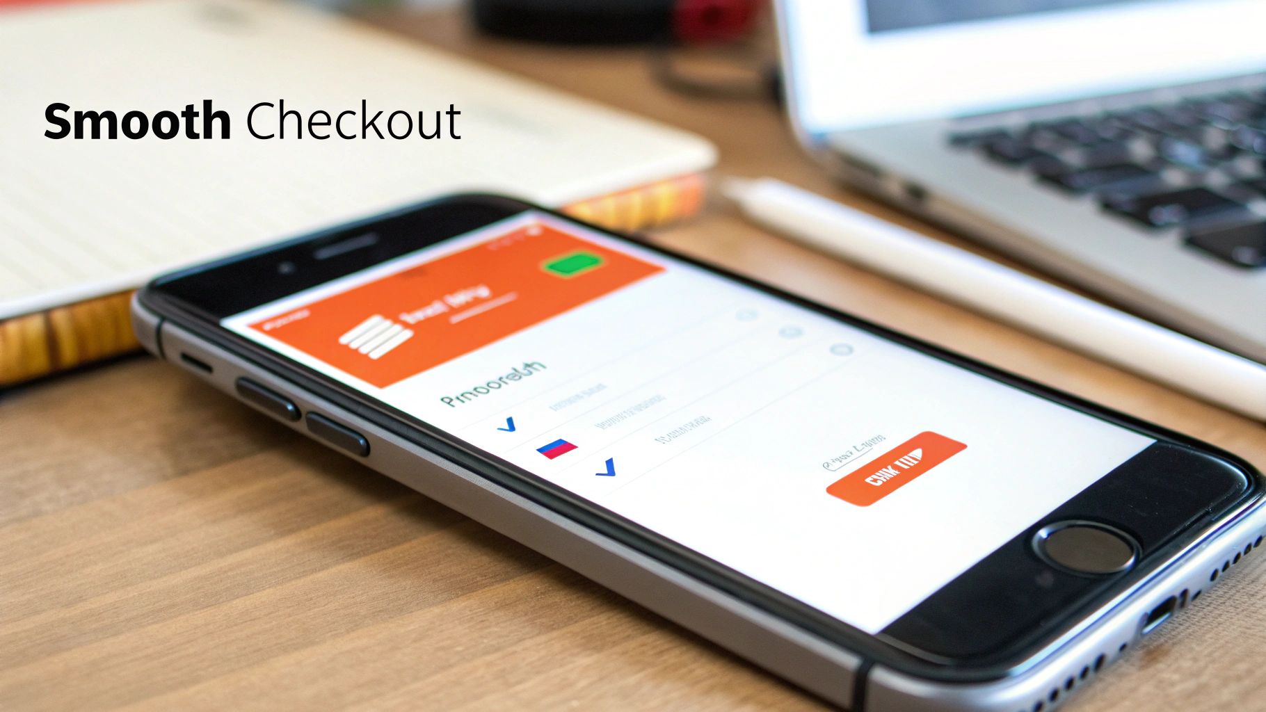 A smartphone on a wooden desk displays a 'Smooth Checkout' screen for online shopping.
