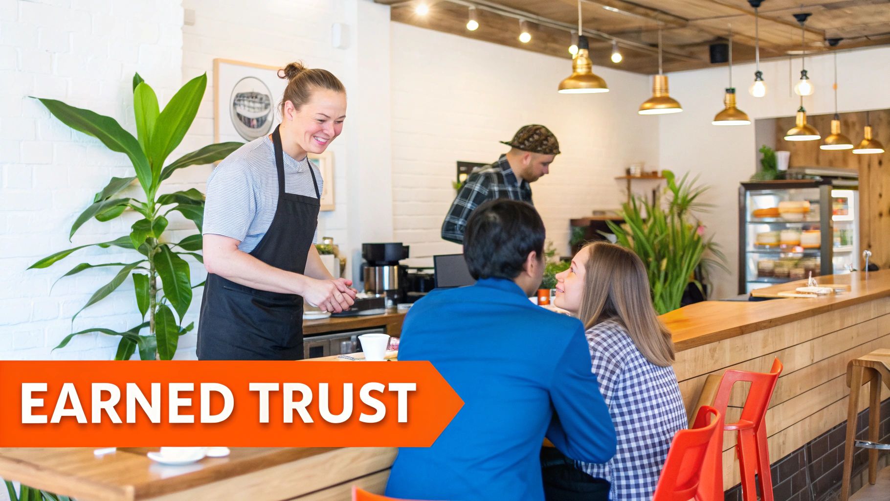 A smiling barista serves a happy couple at a cafe counter, fostering a sense of earned trust.