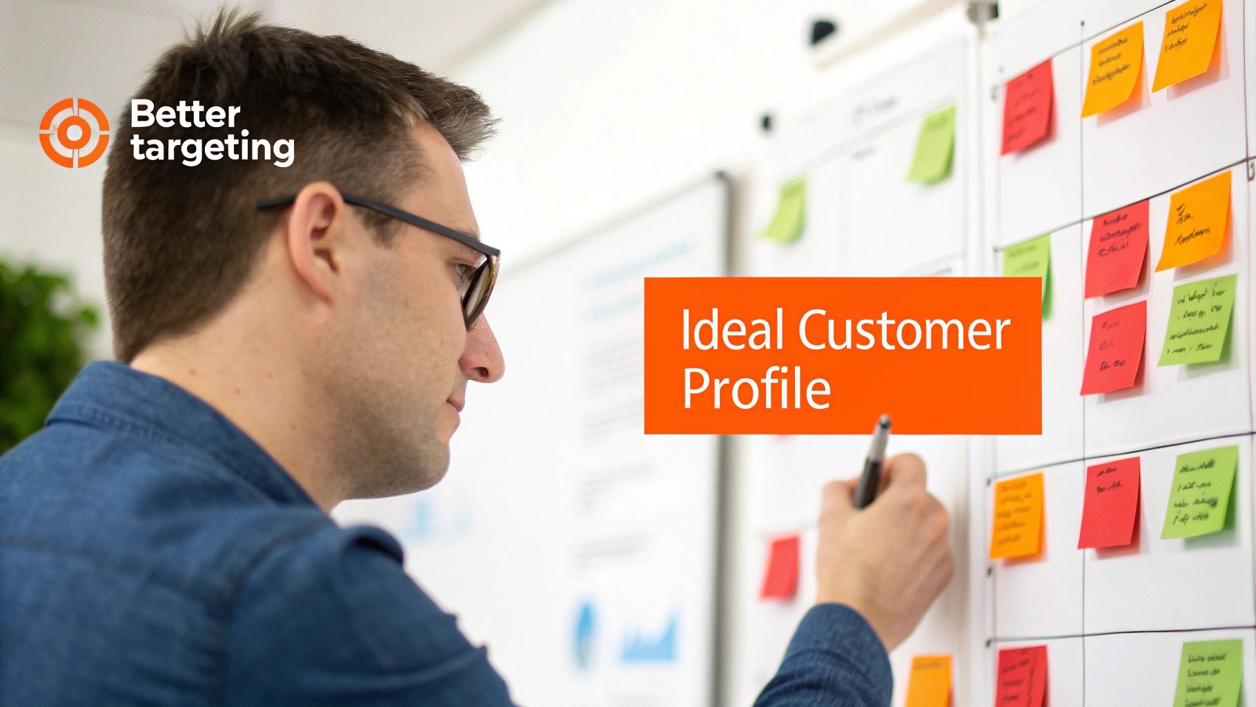 Man in glasses creating an 'Ideal Customer Profile' on a whiteboard with colorful sticky notes.