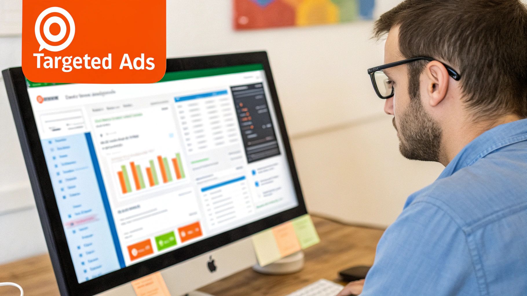 Man in a casual office setting analyzing ad performance charts on a tablet, with the Reddit logo subtly visible on a screen.