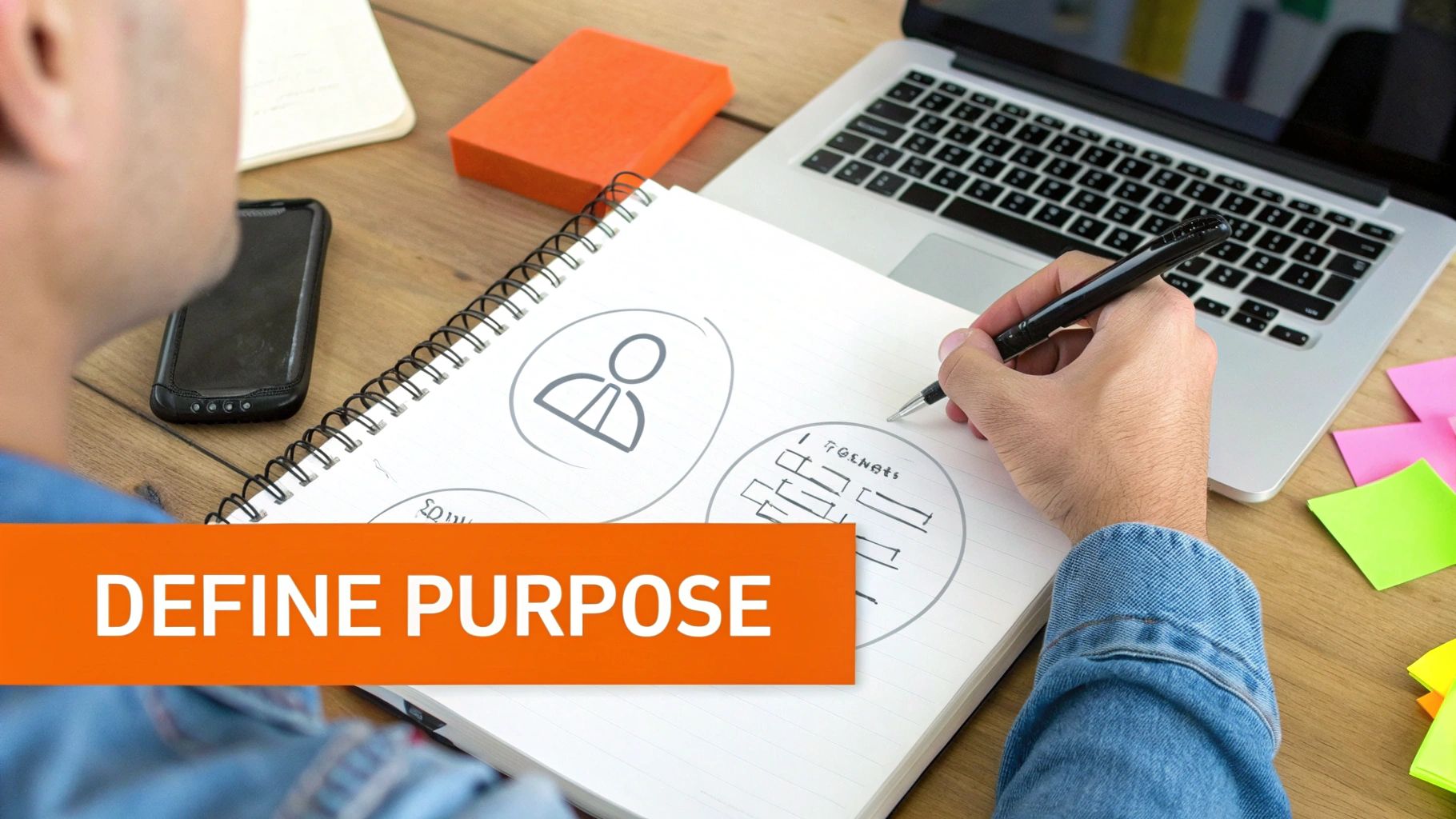 Person sketching ideas in a notebook with a pen, laptop, and phone on a wooden desk.