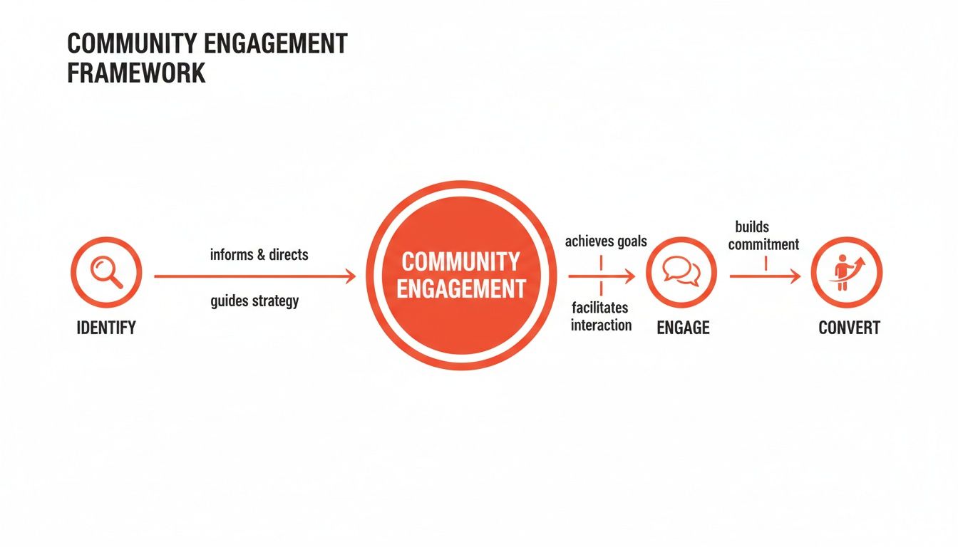 A flowchart showing the Community Engagement Framework with steps: Identify, Community Engagement, Engage, Convert.