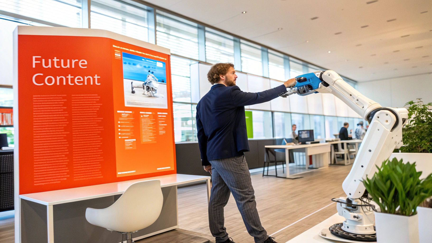 A futuristic workspace showing data visualizations and AI-driven content analysis on a large screen.