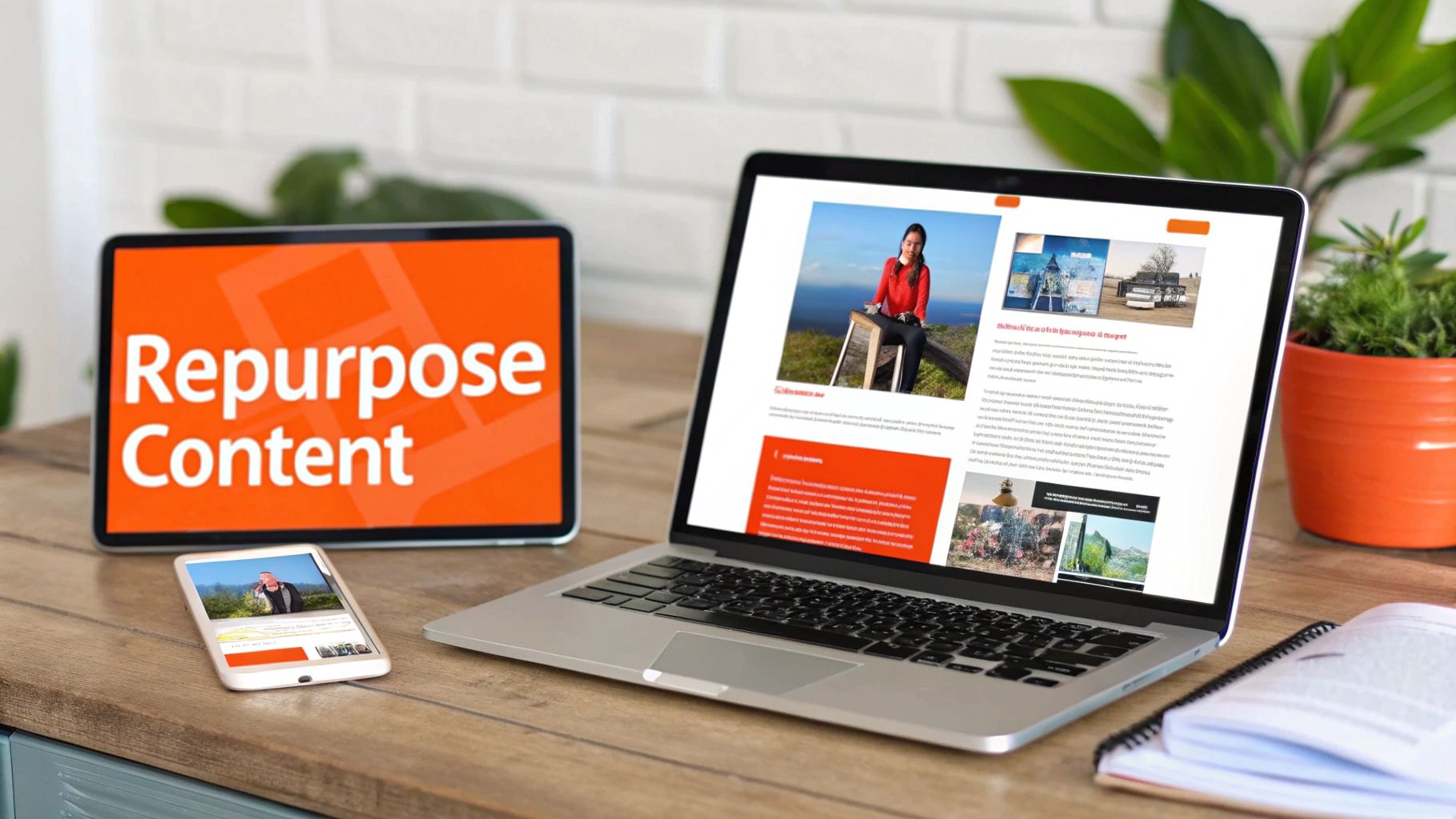 Digital content displayed across a tablet, laptop, and smartphone on a wooden desk, emphasizing content repurposing.