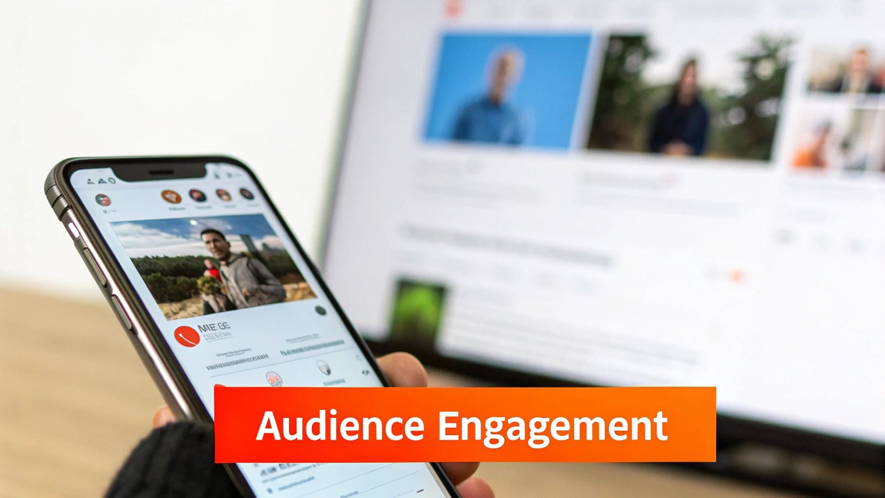 Hand holding a smartphone displaying online video content, with a laptop in the background and 'Audience Engagement' text.