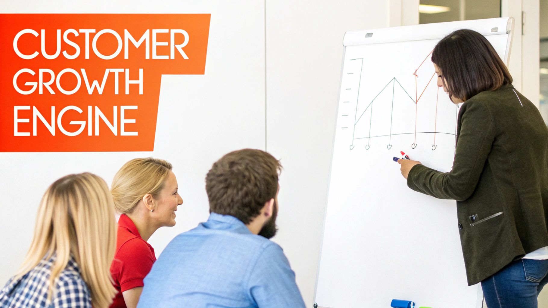 A woman draws a growth chart on a flip chart during a business meeting, with 'Customer Growth Engine' text.