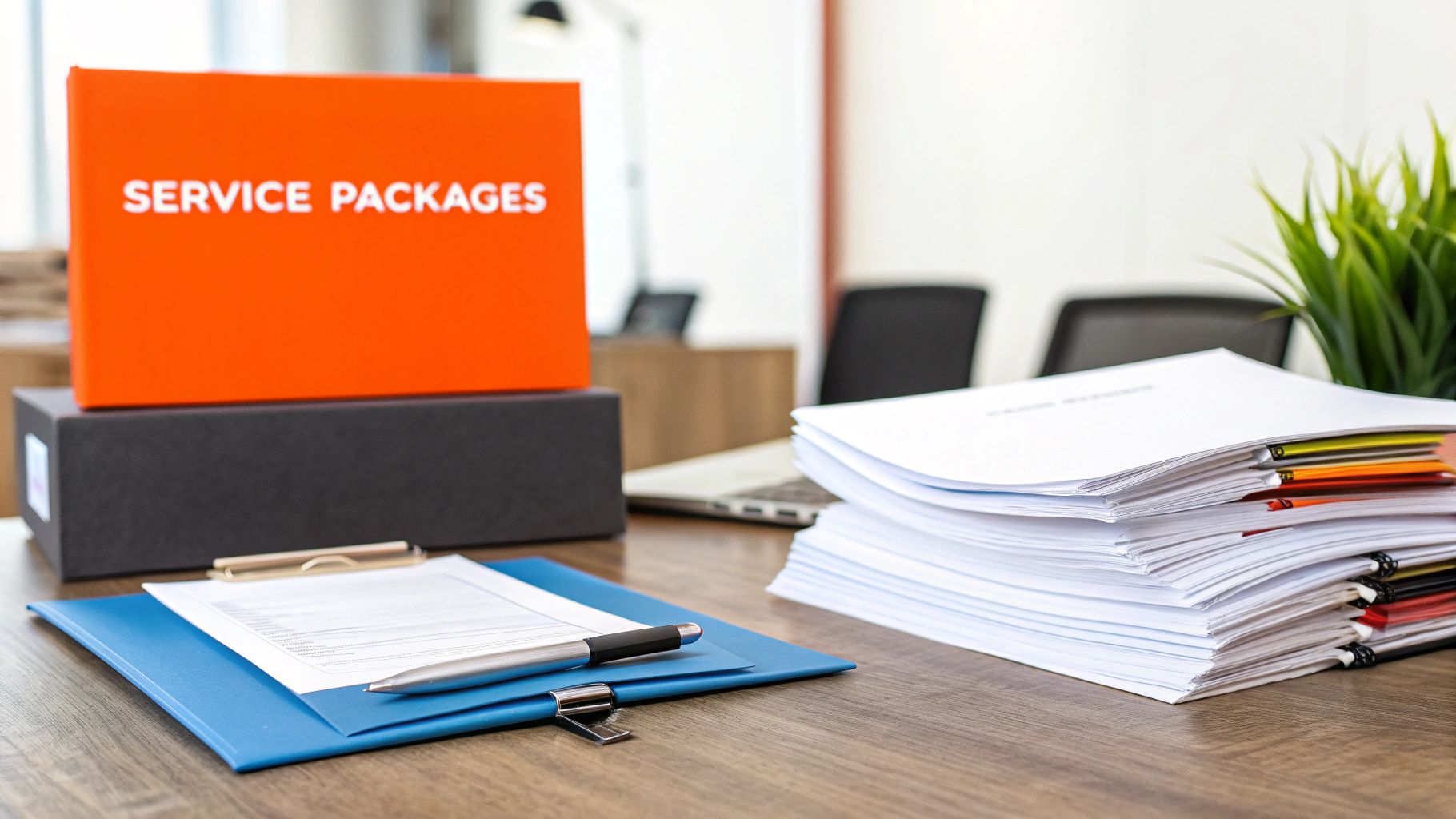 A person working on a laptop, surrounded by charts and graphs, planning service packages and pricing strategies.