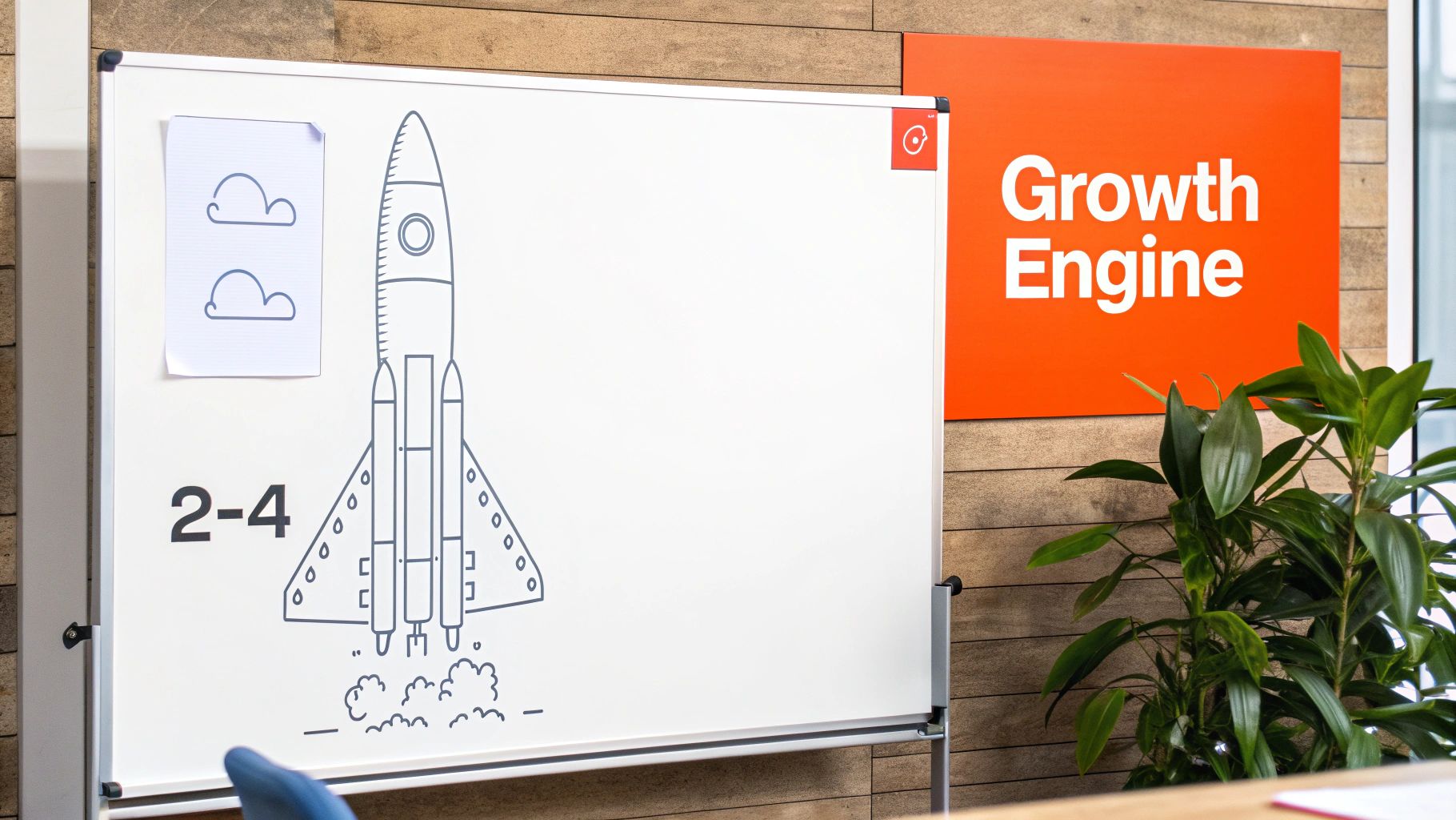 A whiteboard featuring a rocket launch drawing, clouds, the number 2-4, and a Growth Engine sign.