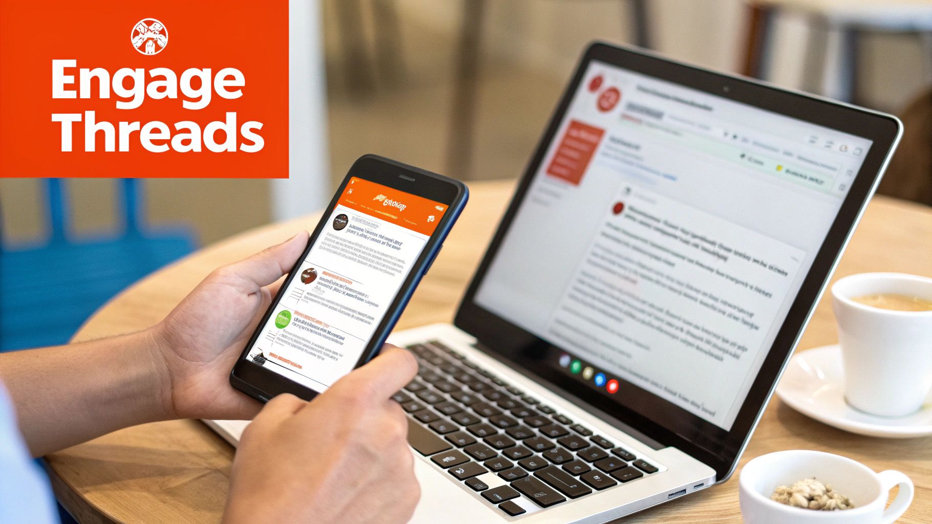 Person using a smartphone and laptop for digital communication, with 'Engage Threads' branding.