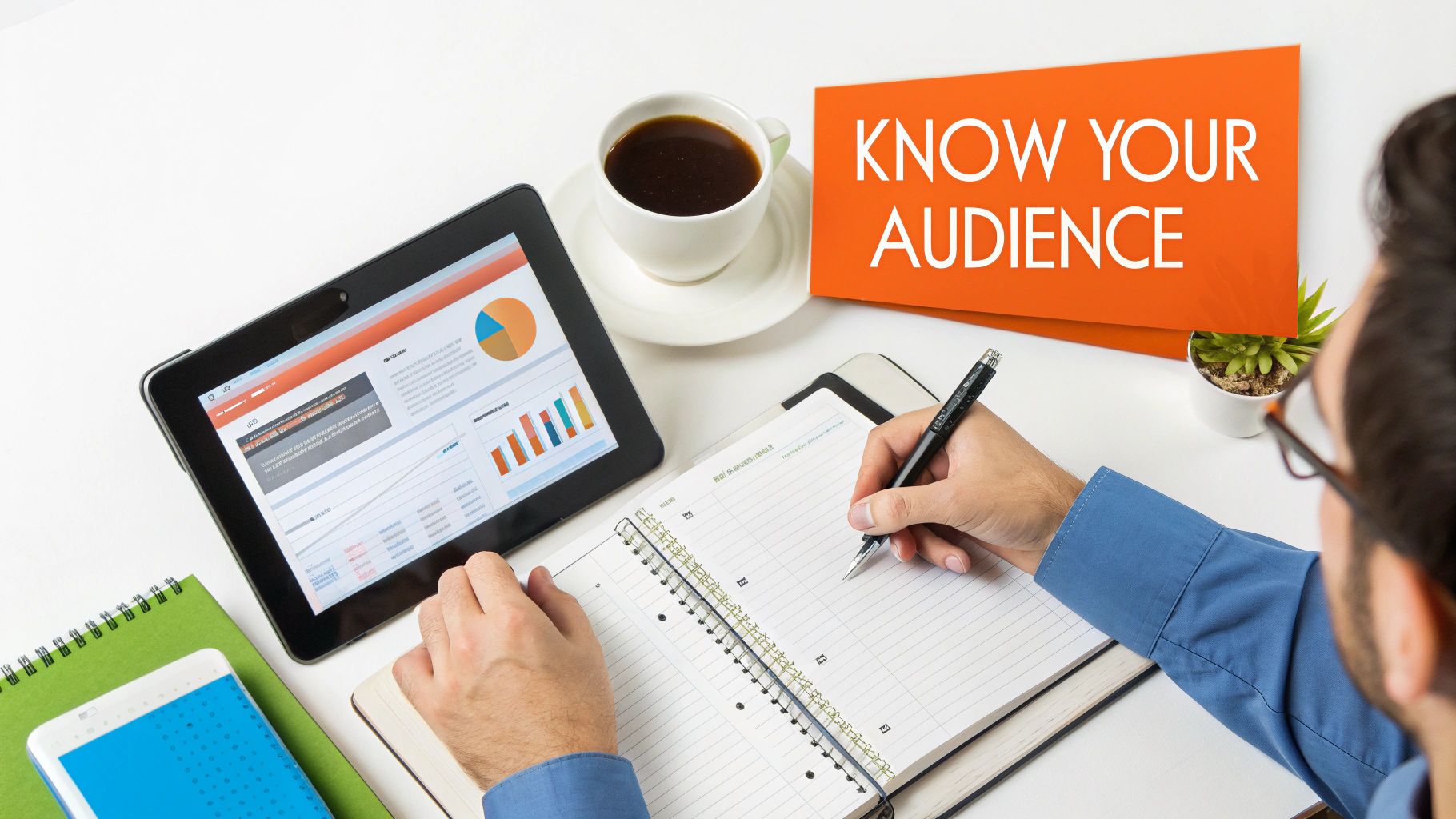 A person using a new laptop with charts and graphs on the screen, symbolizing audience research.