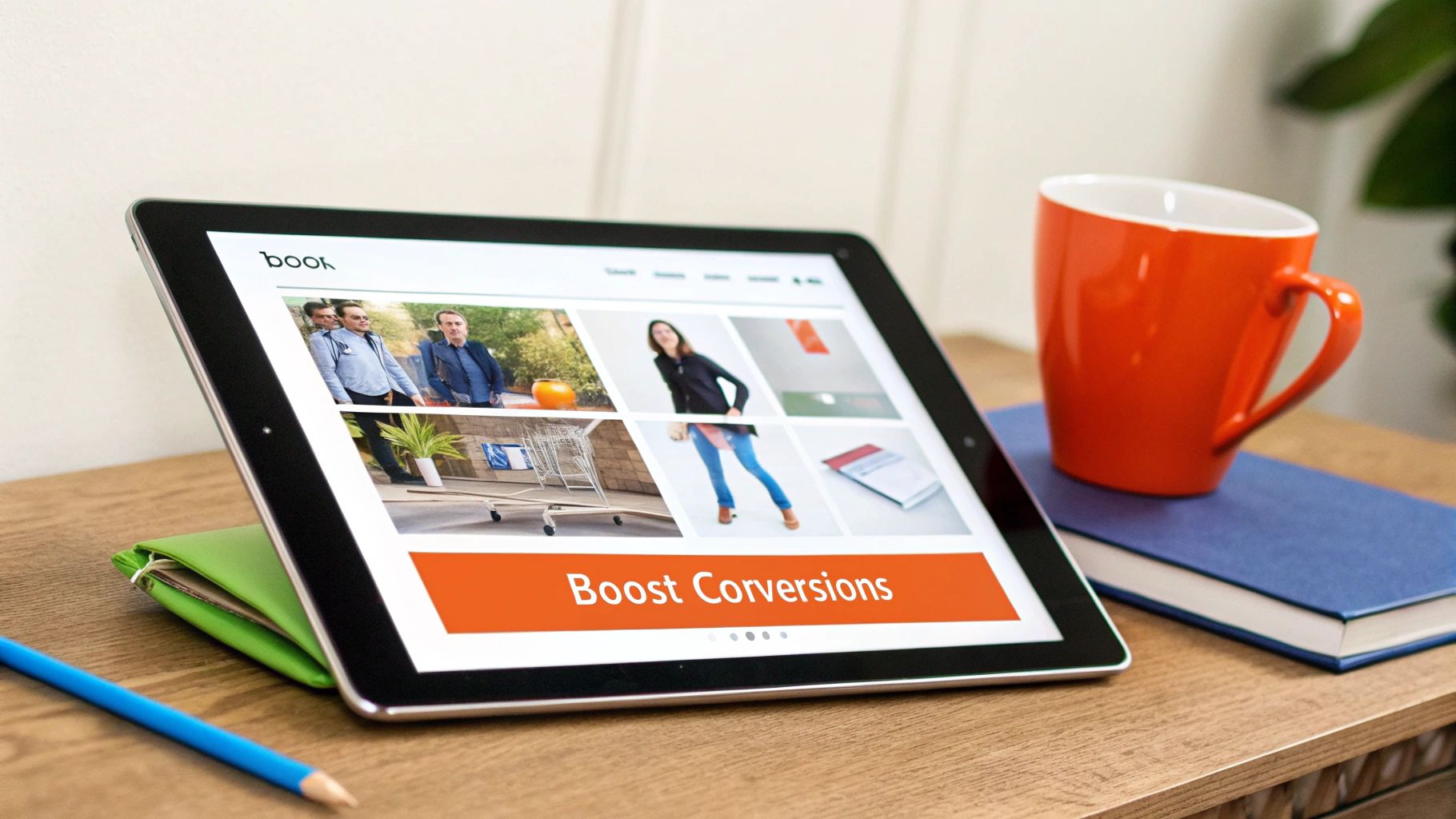 A tablet on a wooden desk displays a website with 'Boost Conversions', next to an orange mug and blue book.