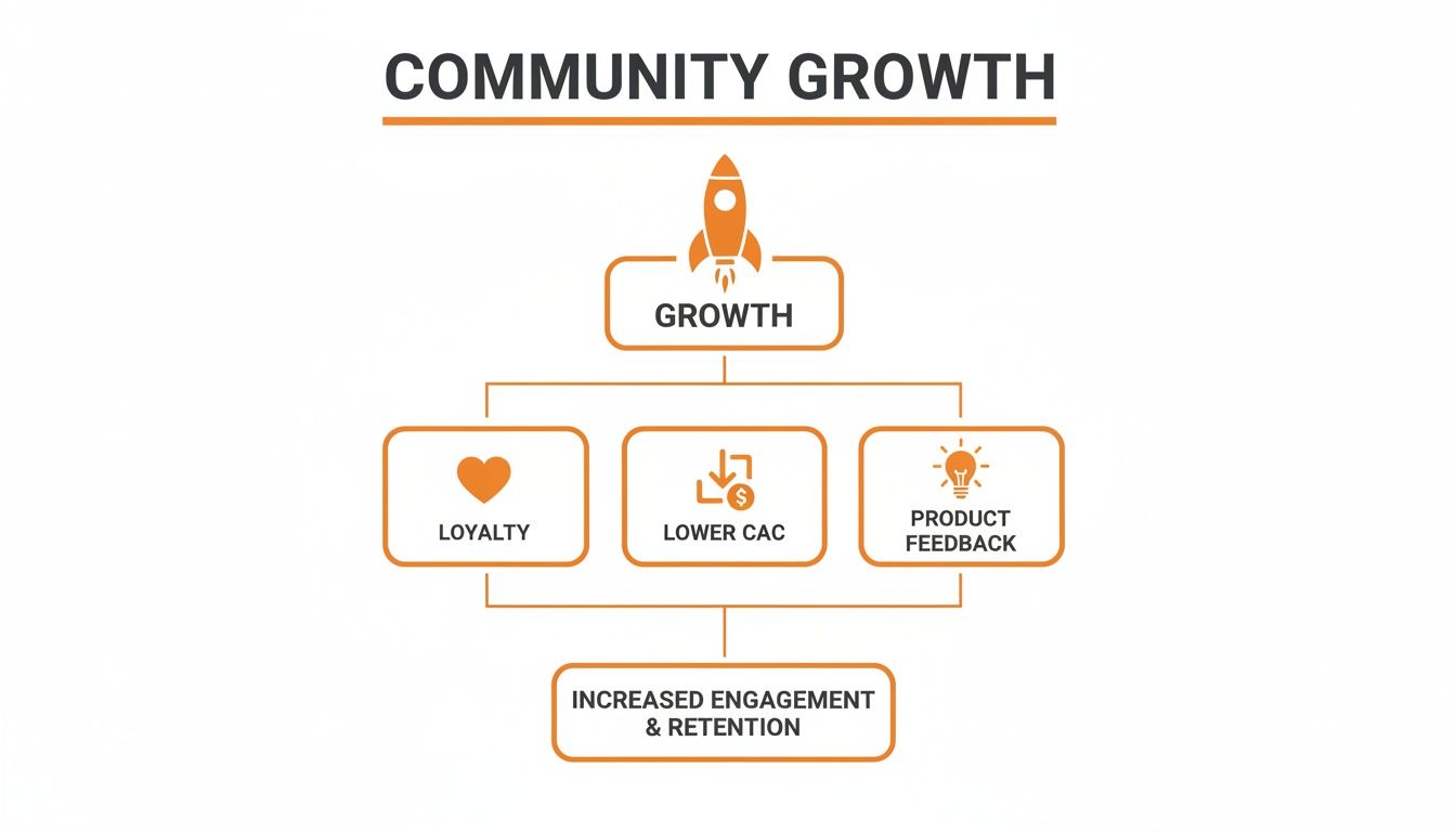 An infographic showing community growth drivers: loyalty, lower CAC, and product feedback, boosting engagement and retention.