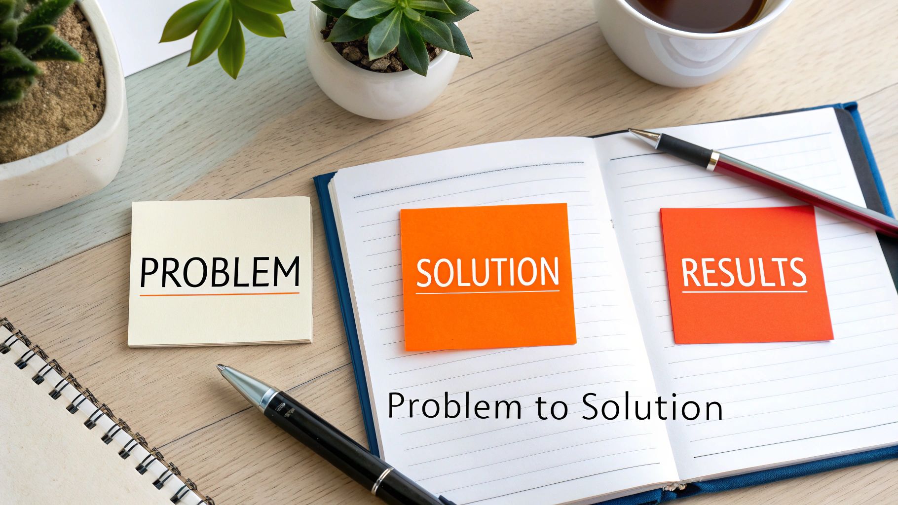 Three sticky notes on a desk, labeled 'PROBLEM', 'SOLUTION', 'RESULTS', next to a notebook with 'Problem to Solution' text.
