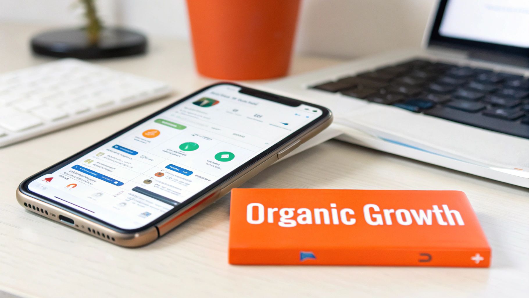 A smartphone showing app data, an 'Organic Growth' book, and a laptop on a modern desk.