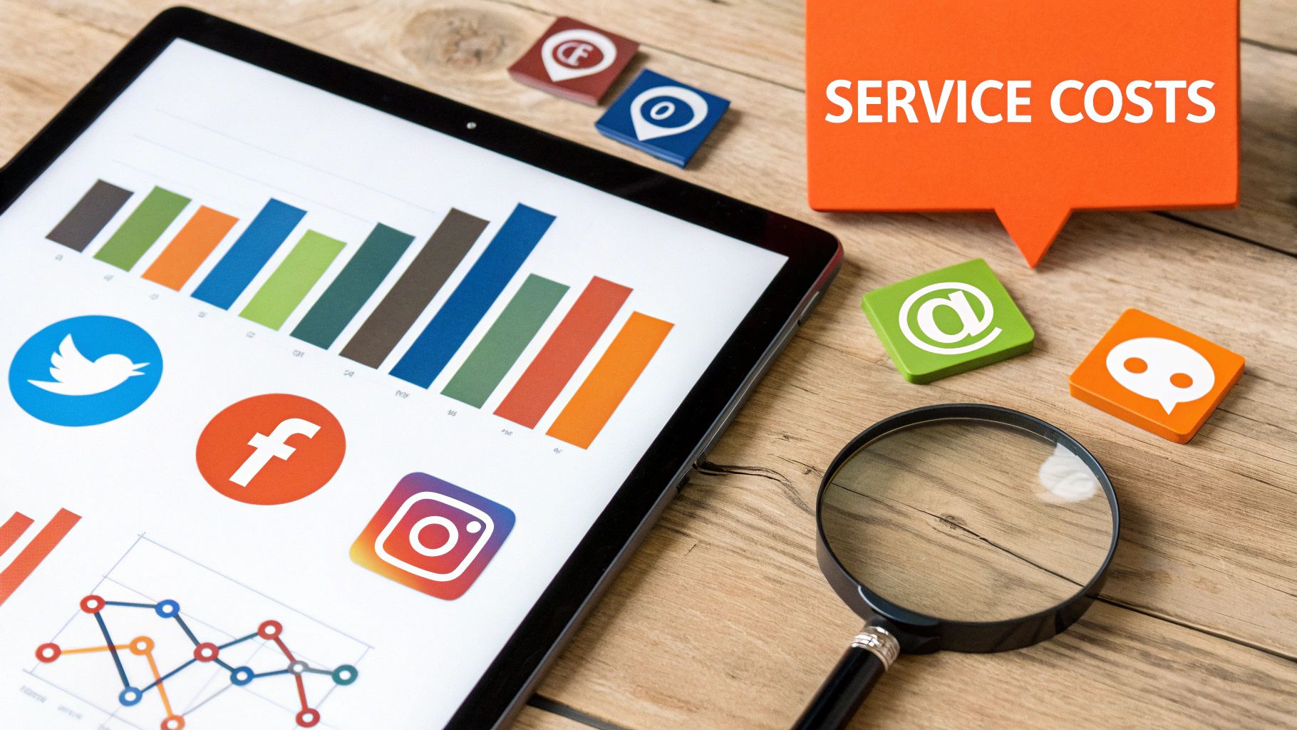 A group of people collaborating on a project with digital marketing icons overlayed.