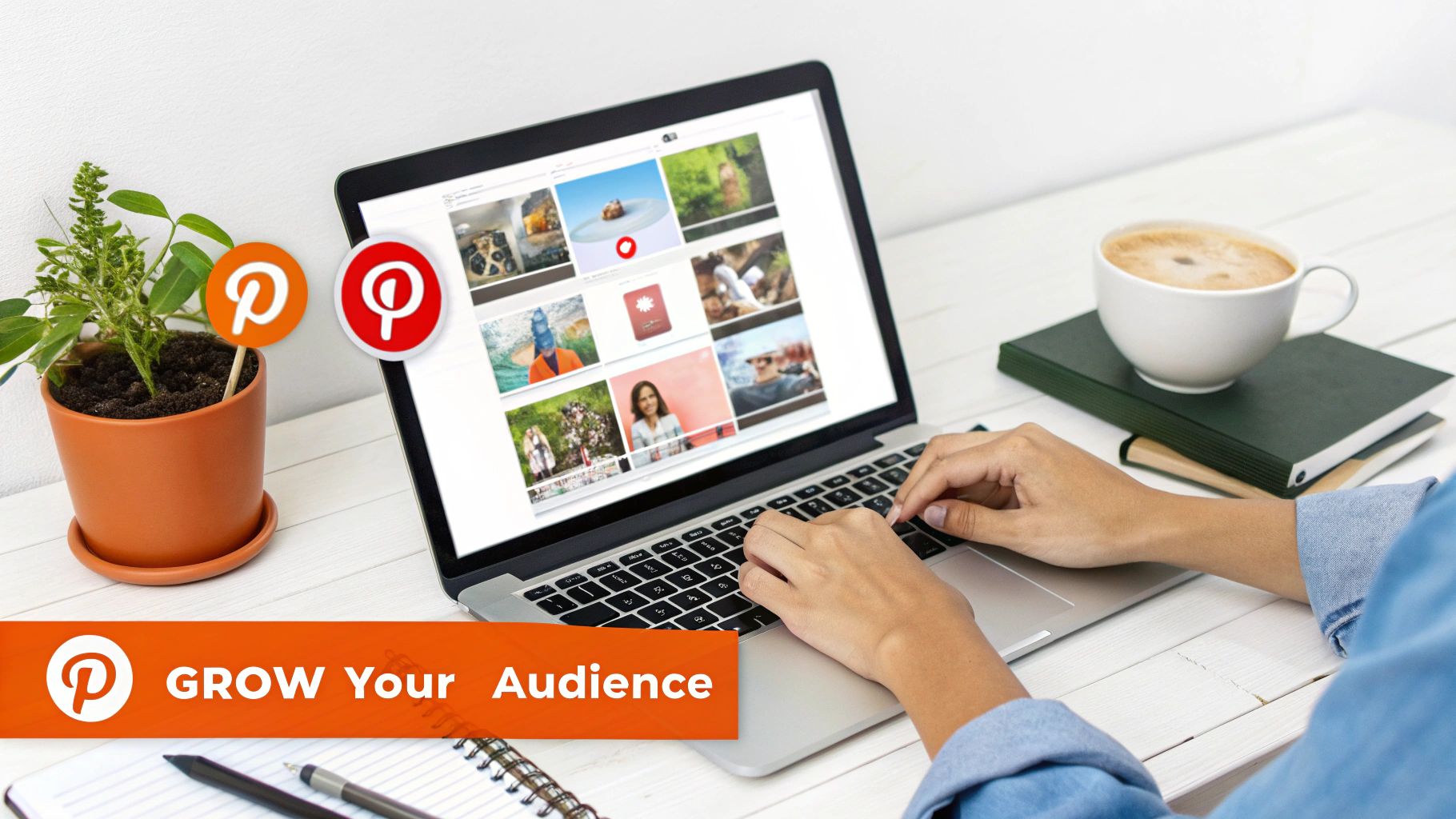 A person's hands holding a smartphone displaying social media feeds, surrounded by a coffee cup and fashion magazines.