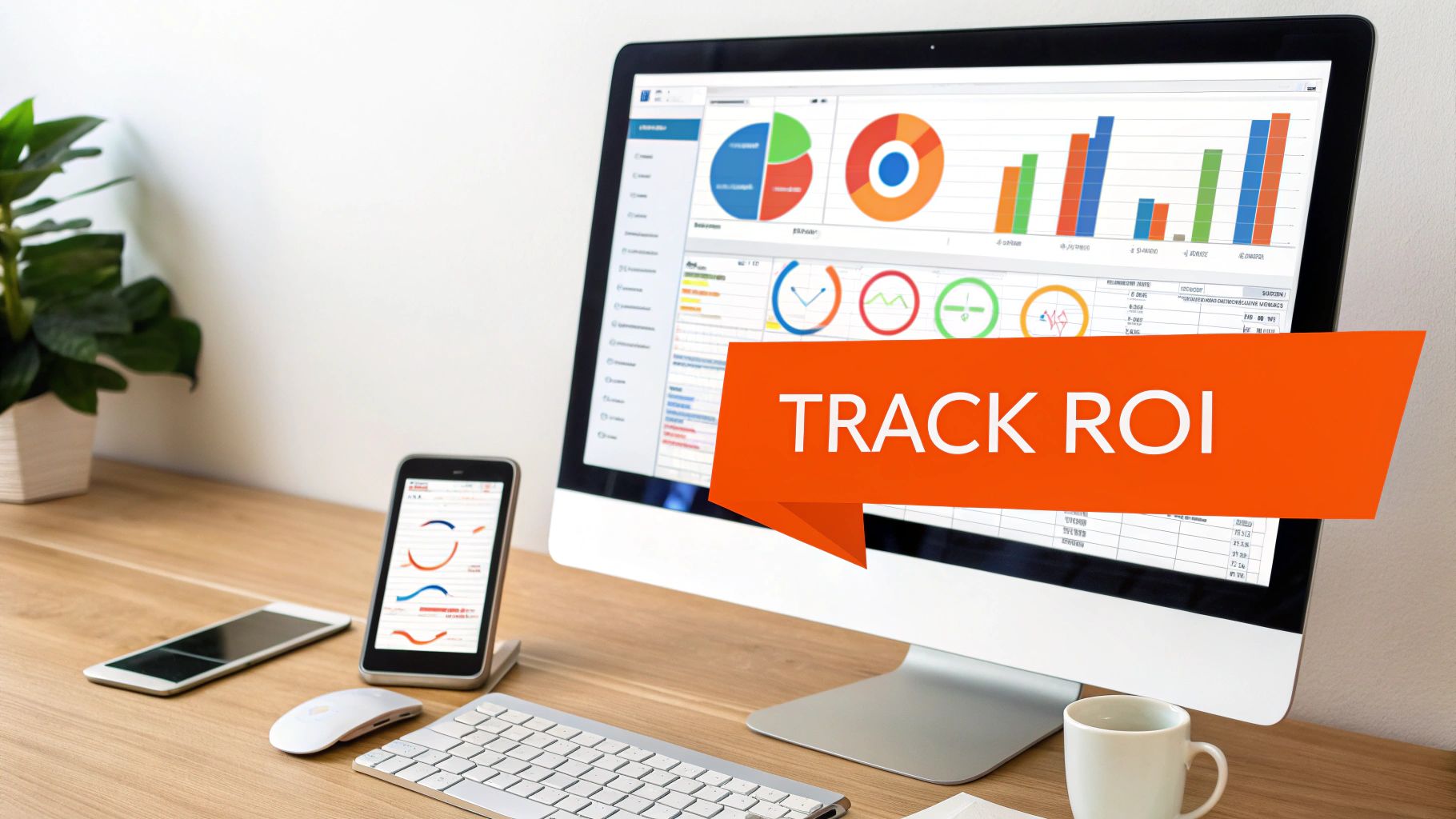 A desk setup with a computer showing data dashboards and a phone displaying charts, with an overlay reading 'TRACK ROI'.