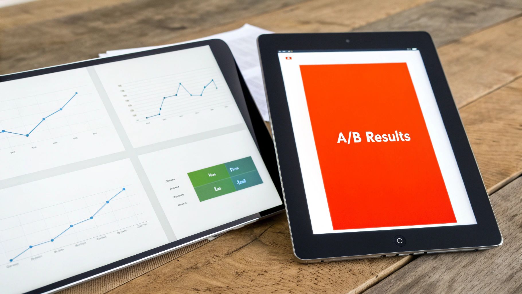 Two tablets showing A/B test results and analytics graphs for conversion rate optimization on a wooden desk.