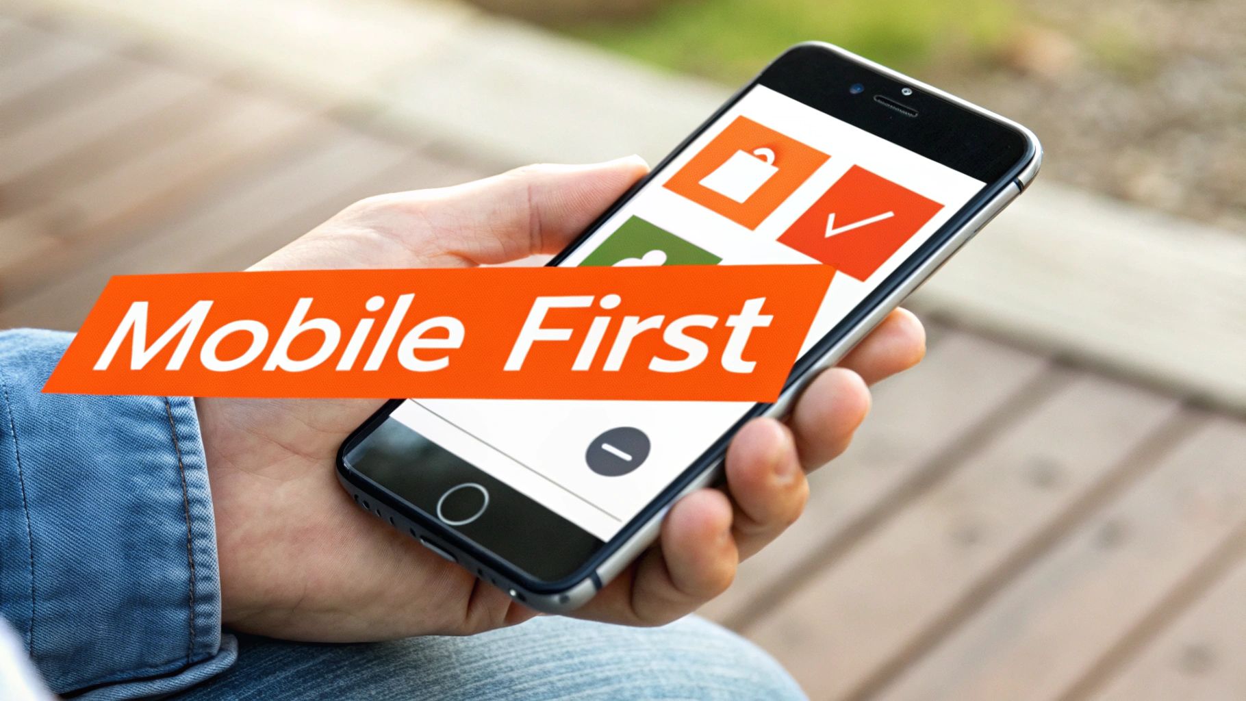 A hand holds a smartphone displaying app icons with an orange 'Mobile First' banner.