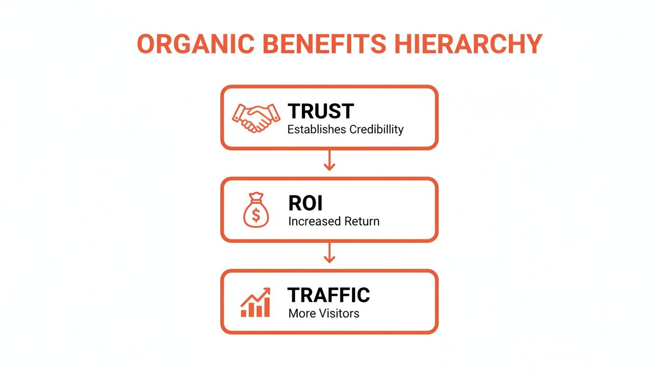 Hierarchy showing organic marketing benefits: Trust establishes credibility, leading to increased ROI and traffic.